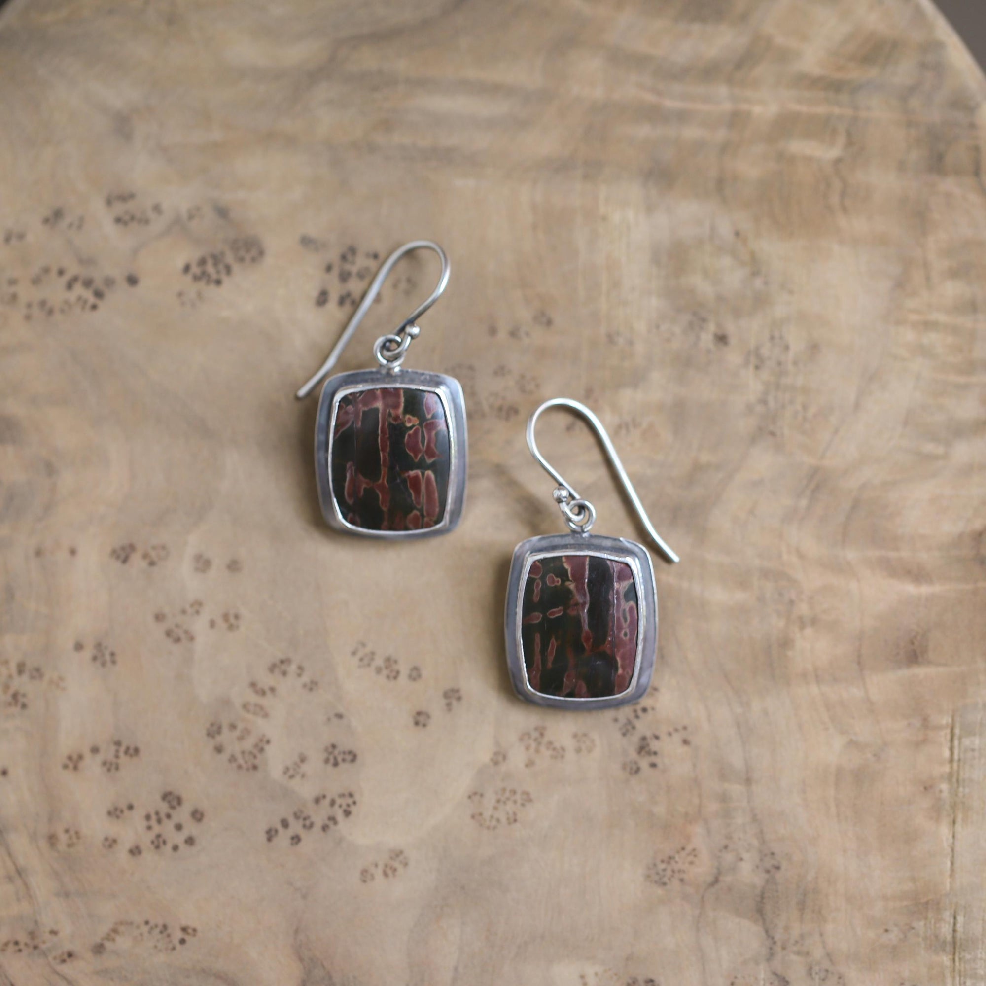 Red Creek Jasper Earrings - .925 Sterling Silver - Earthy Rectangle Drop Earrings