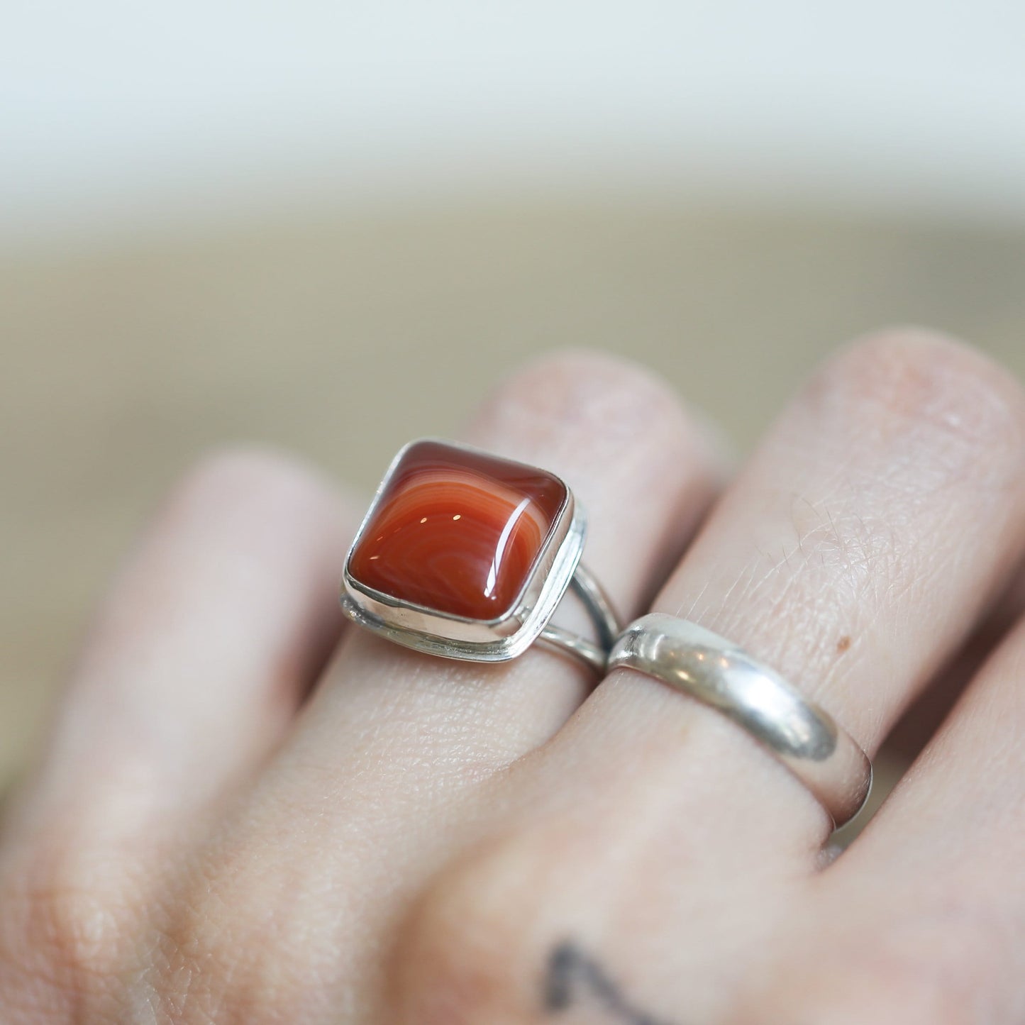 Banded Red Agate Ring – Square Sterling Silver Silversmith Design
