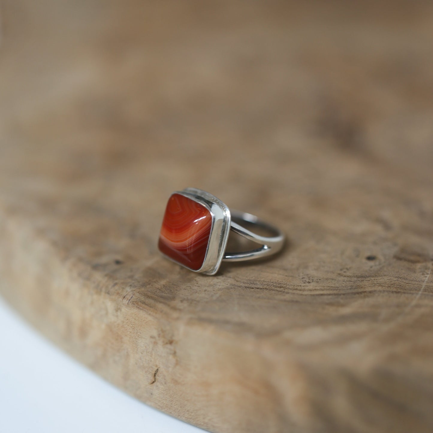 Banded Red Agate Ring – Square Sterling Silver Silversmith Design