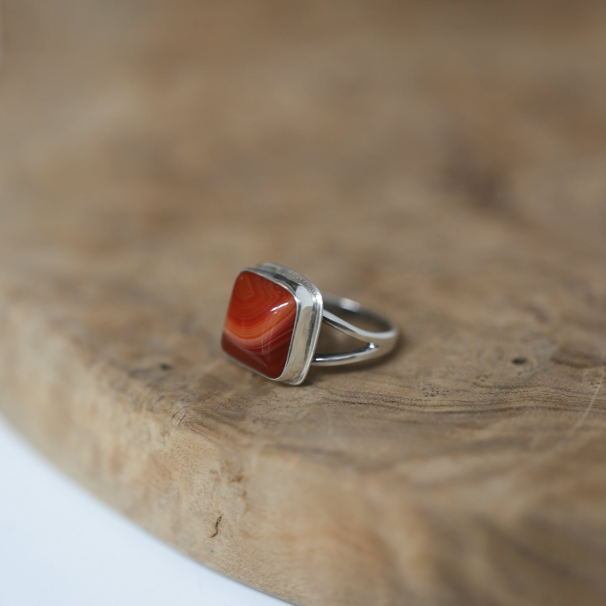 Banded Red Agate Ring – Square Sterling Silver Silversmith Design