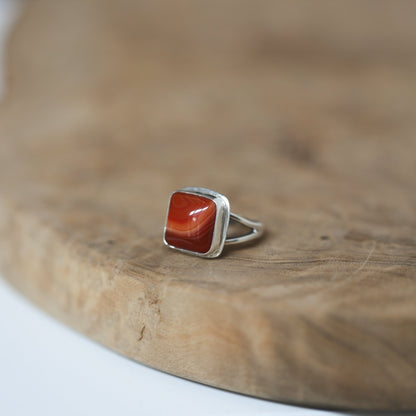 Banded Red Agate Ring – Square Sterling Silver Silversmith Design