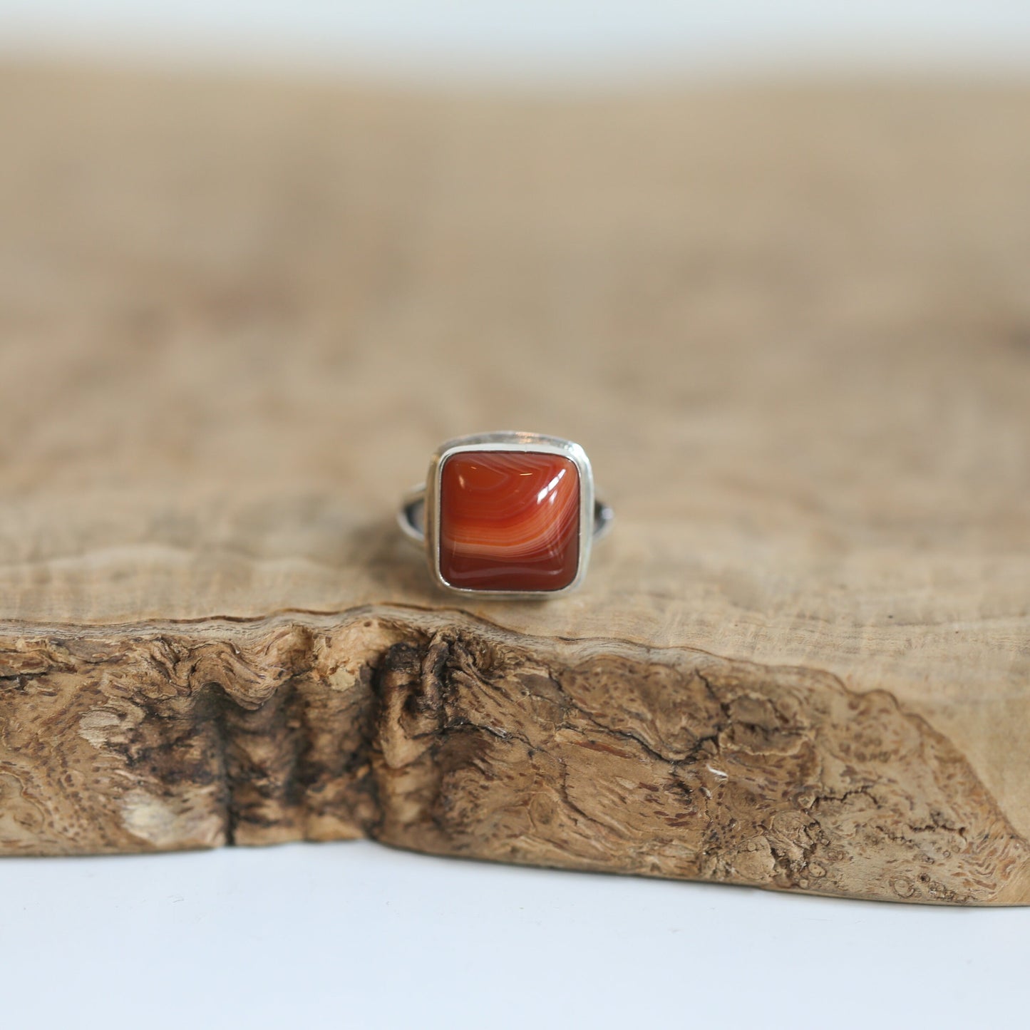 Banded Red Agate Ring – Square Sterling Silver Silversmith Design