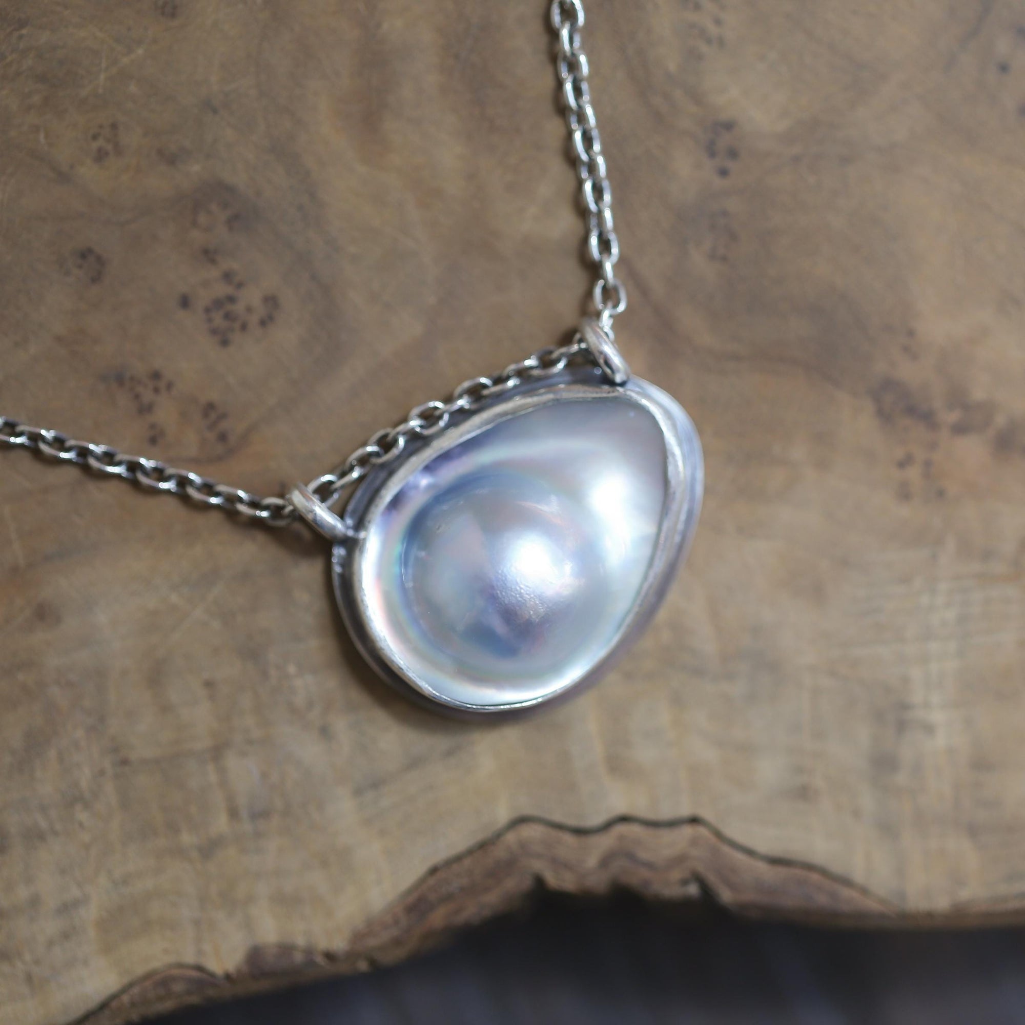 Deep Sea Hanging Rock Necklace - Blister Pearl Pendant - .925 Sterling Silver