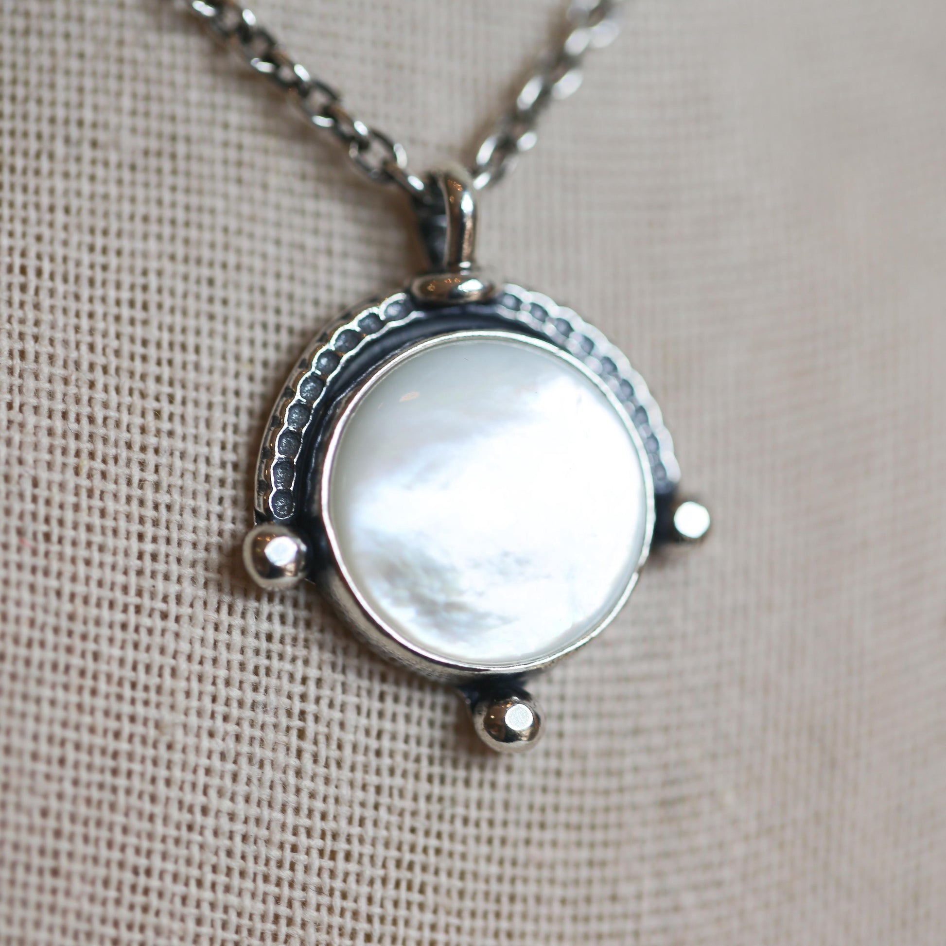 Mother of Pearl Compass Pendant – Sterling Silver Silversmith Necklace