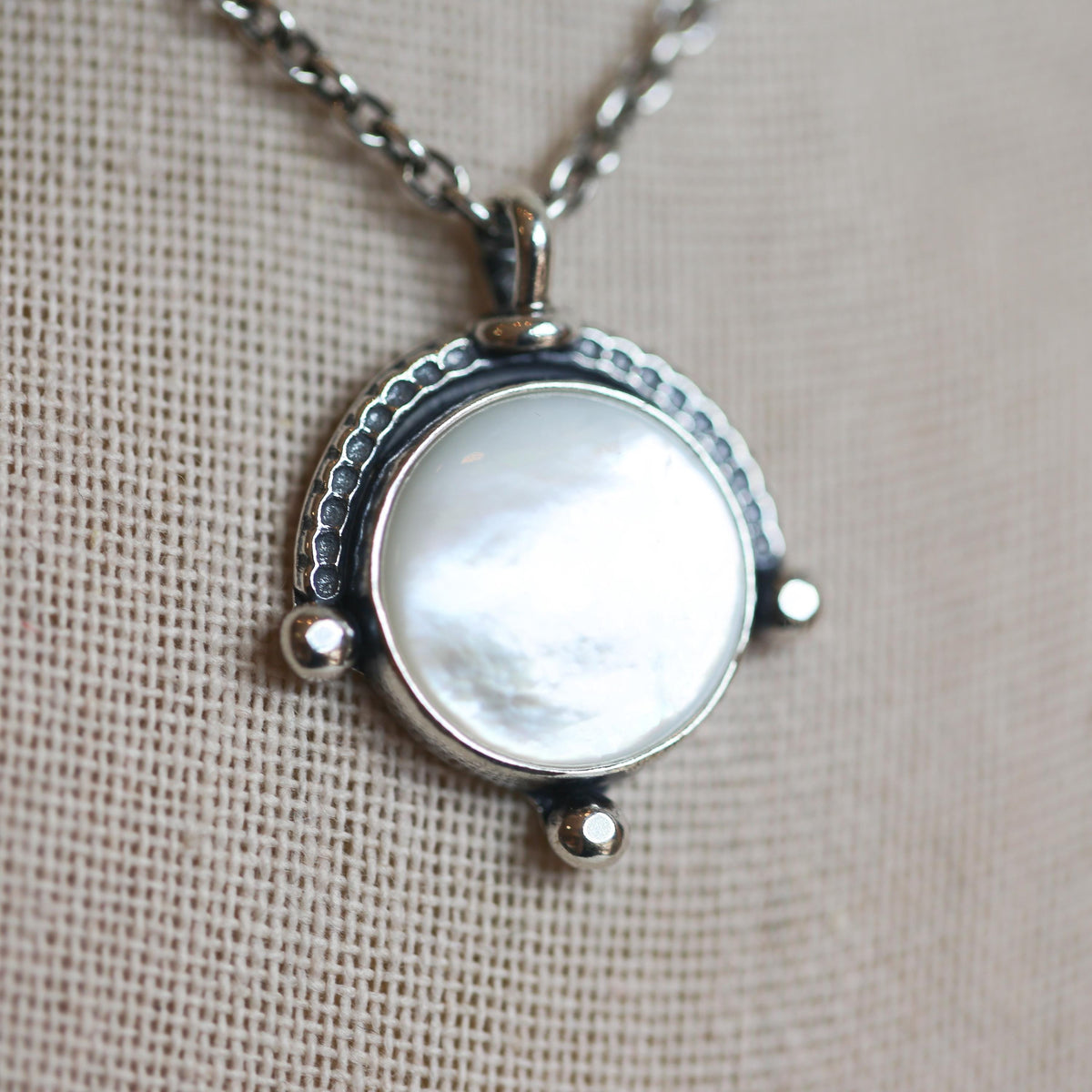 Mother of Pearl Compass Pendant – Sterling Silver Silversmith Necklace