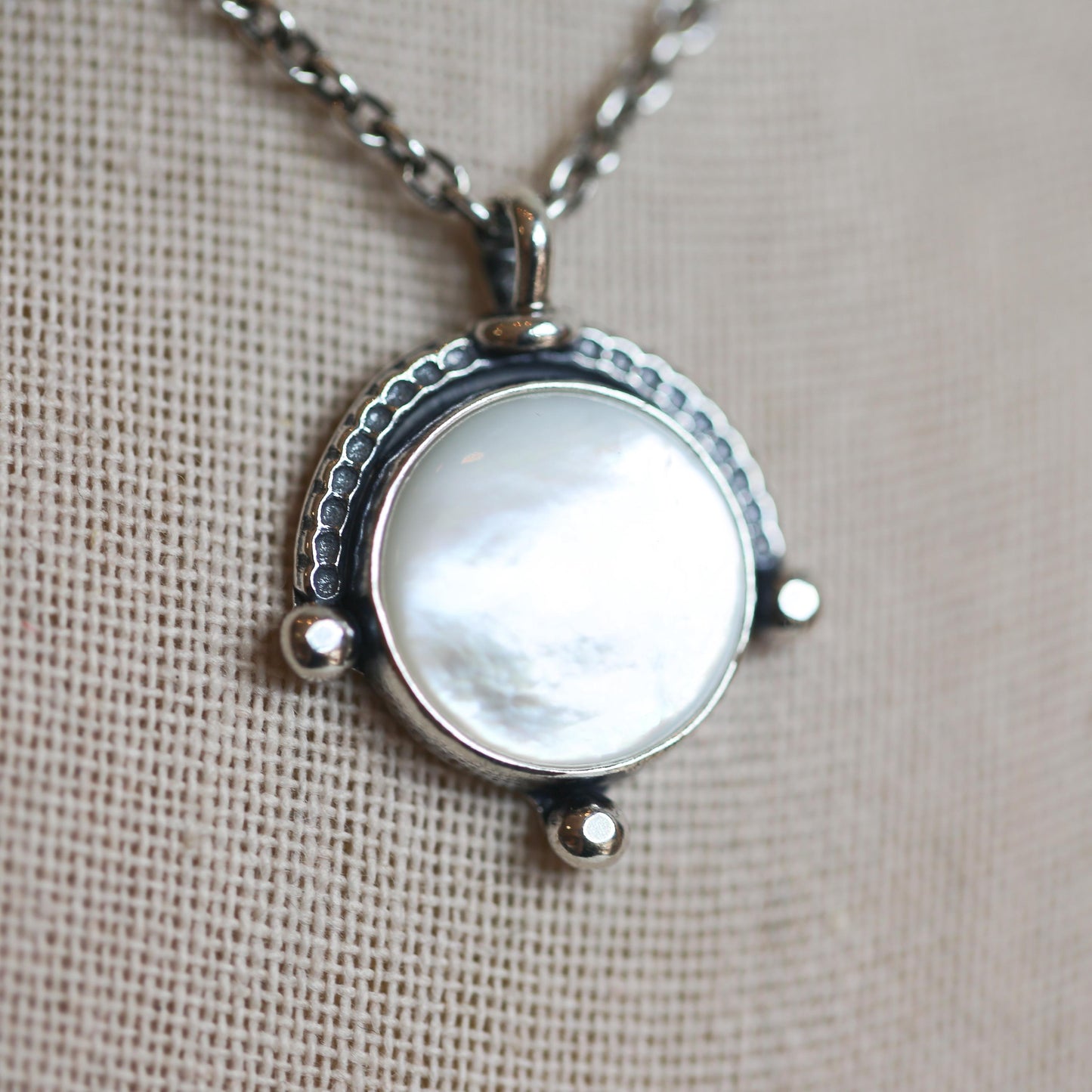 Mother of Pearl Compass Pendant – Sterling Silver Silversmith Necklace