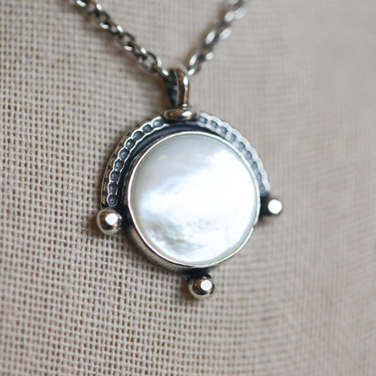 Mother of Pearl Compass Pendant – Sterling Silver Silversmith Necklace