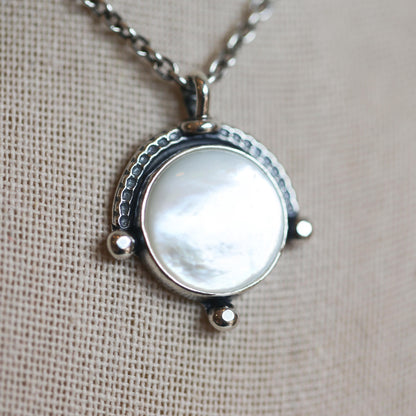 Mother of Pearl Compass Pendant – Sterling Silver Silversmith Necklace