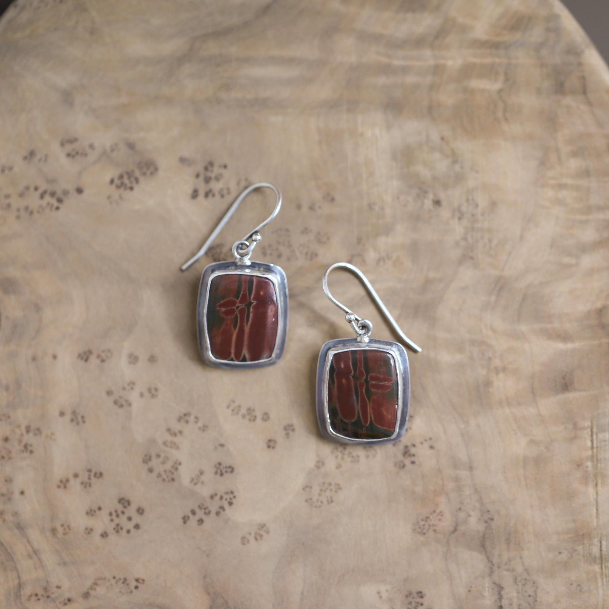 Red Creek Jasper Earrings - .925 Sterling Silver - Earthy Rectangle Drop Earrings