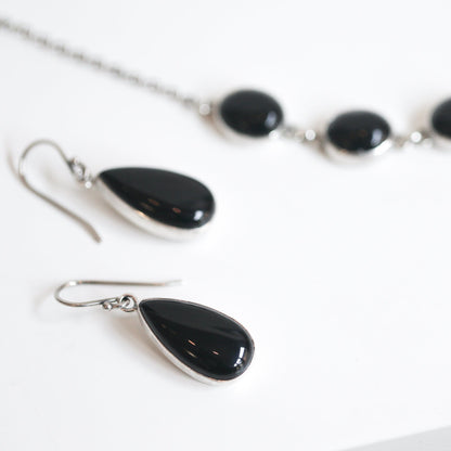 Black Agate Sterling Silver Drop Earrings – Pear Teardrop Jewelry