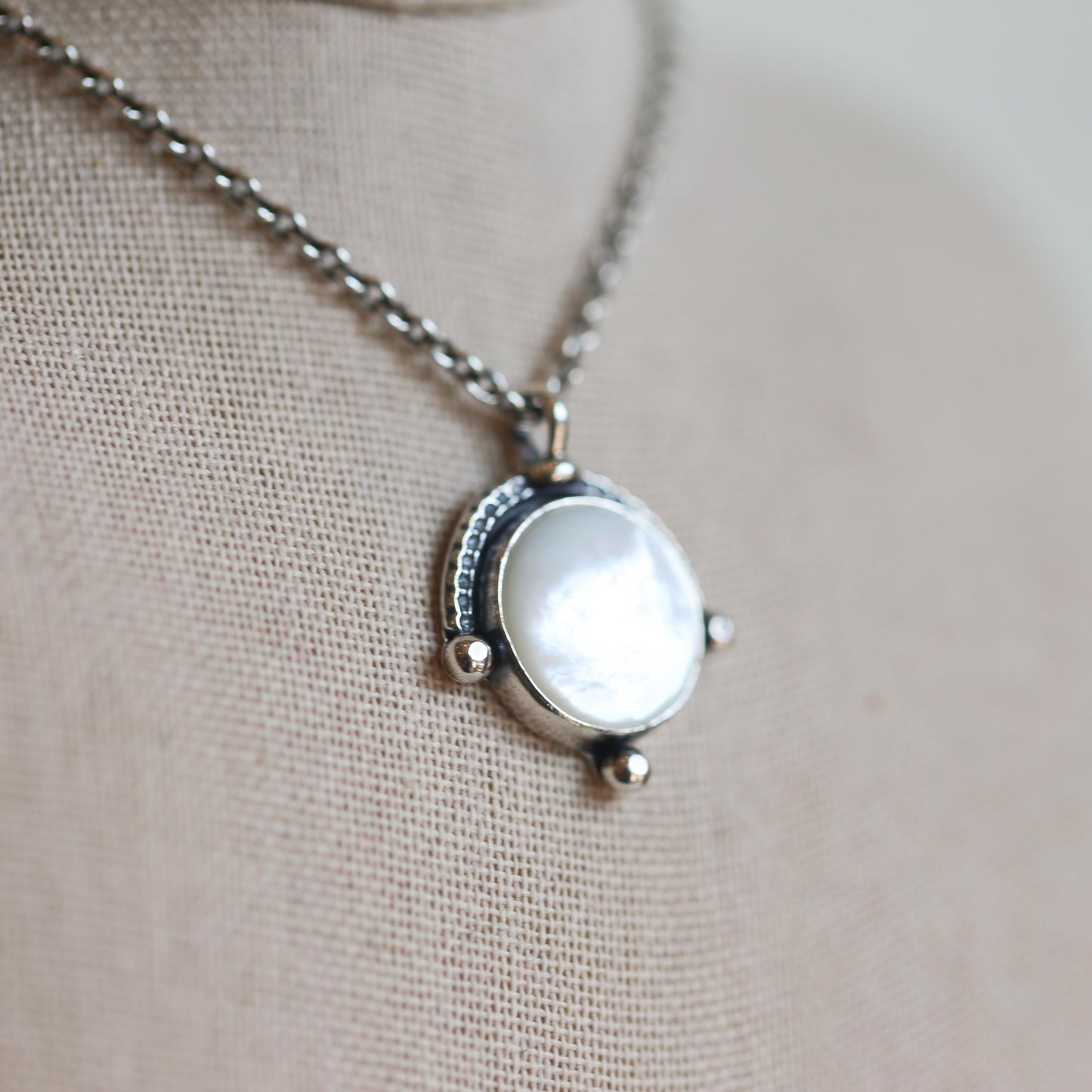 Mother of Pearl Compass Pendant – Sterling Silver Silversmith Necklace