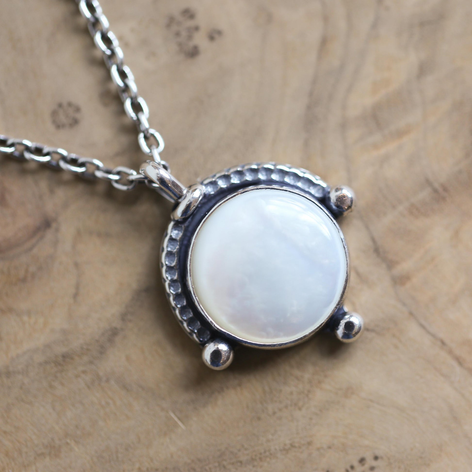 Mother of Pearl Compass Pendant – Sterling Silver Silversmith Necklace