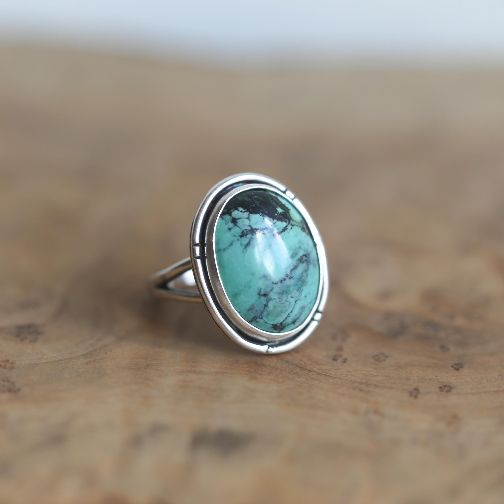 Ready to Ship - Rustic Turquoise Ring - Notched Boho Ring - .925 Sterling Silver - Old Stock Turquoise