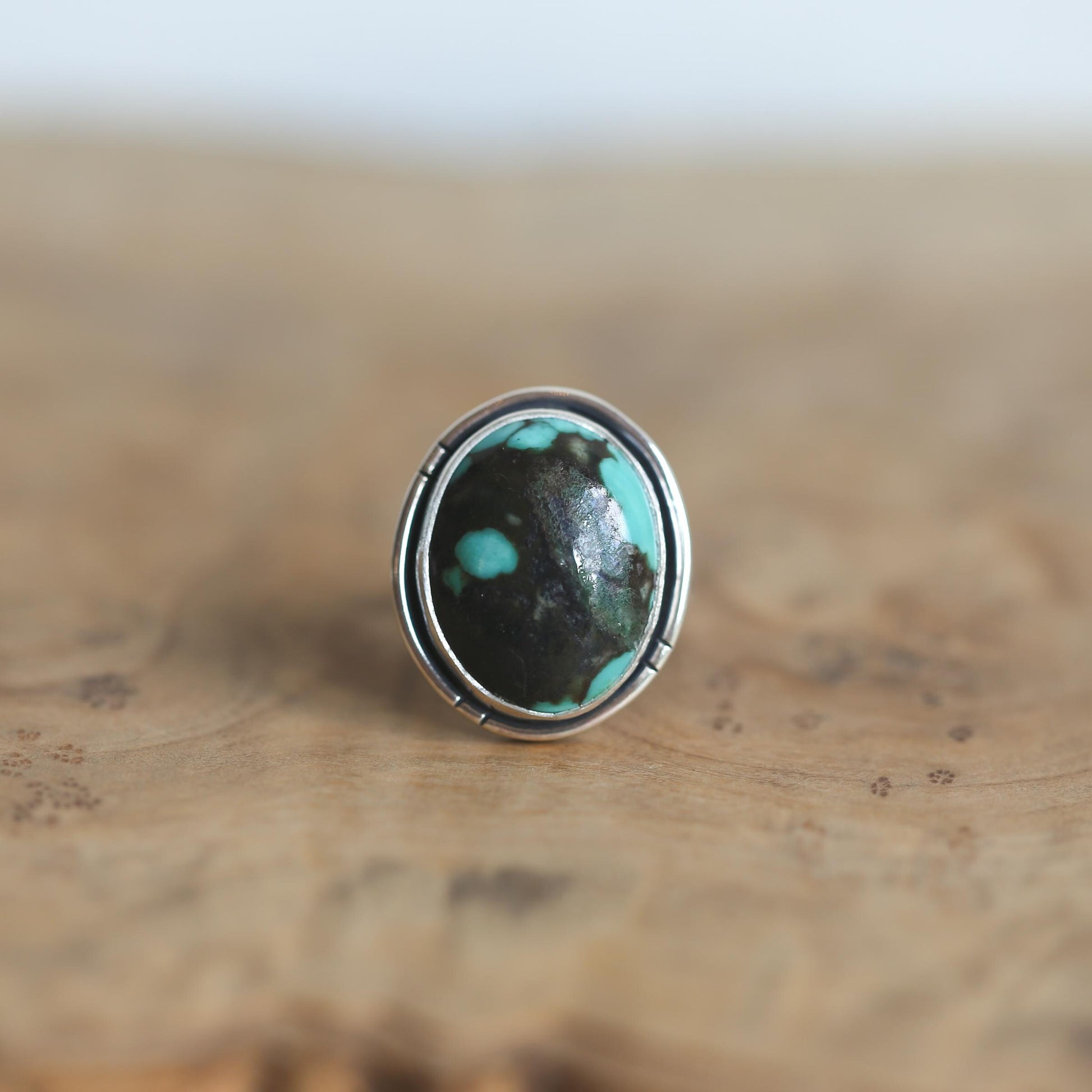 Ready to Ship - Rustic Turquoise Ring - Notched Boho Ring - .925 Sterling Silver - Old Stock Turquoise