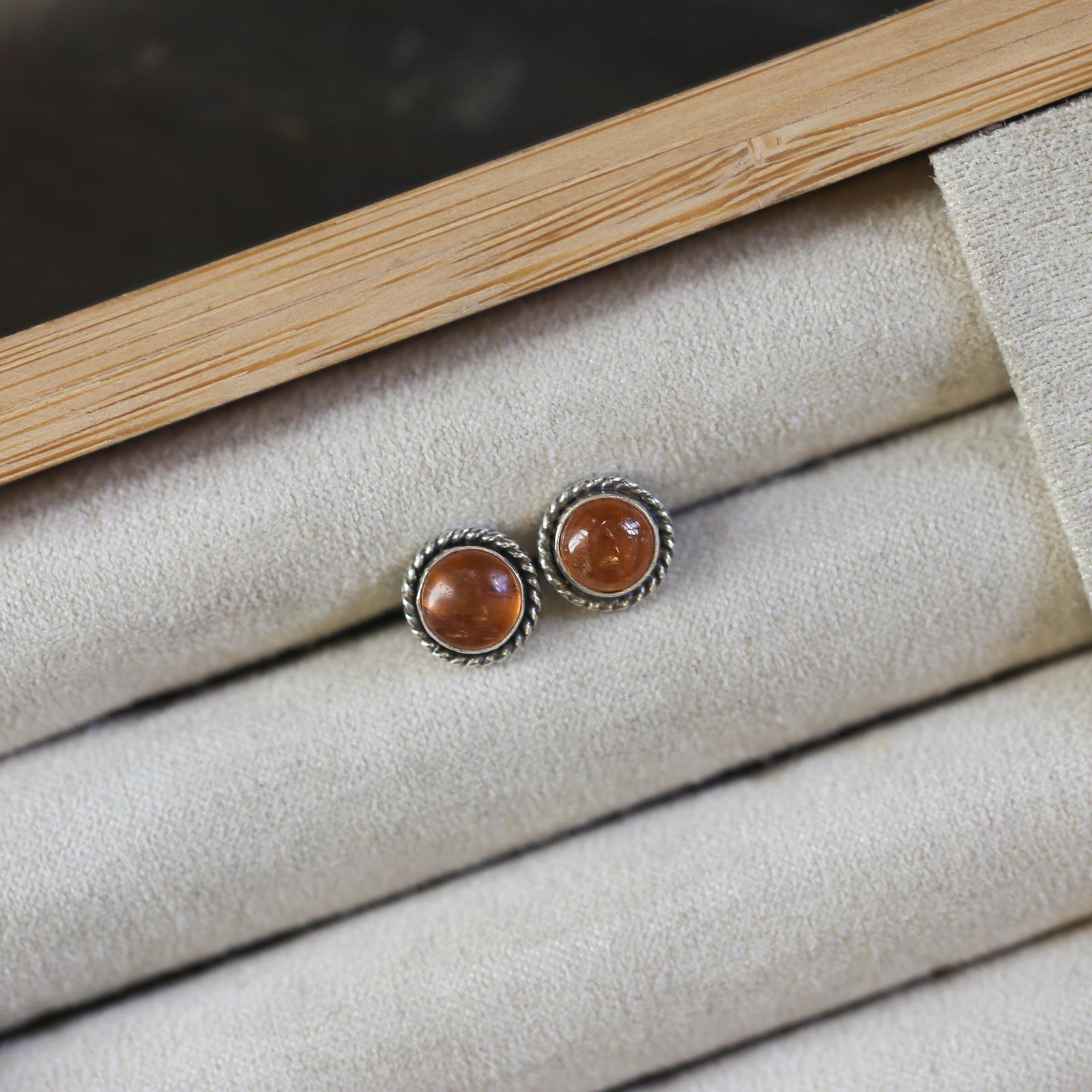 Hessonite Garnet Earrings - Garnet Posts - .925 Sterling Silver - Silversmith