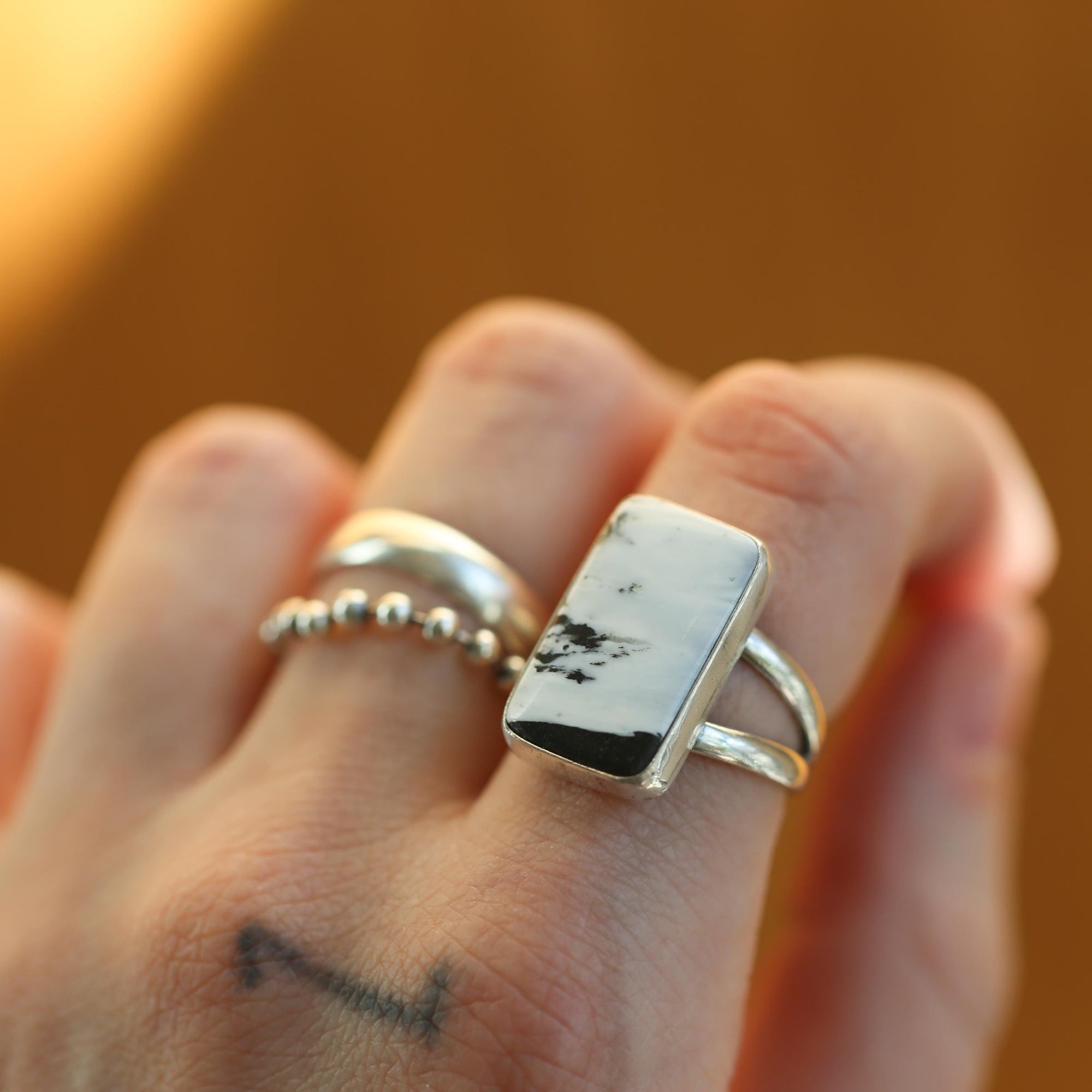 White Buffalo Statement Ring - White Buffalo Rectangle Ring - Silversmith Ring - OOAK