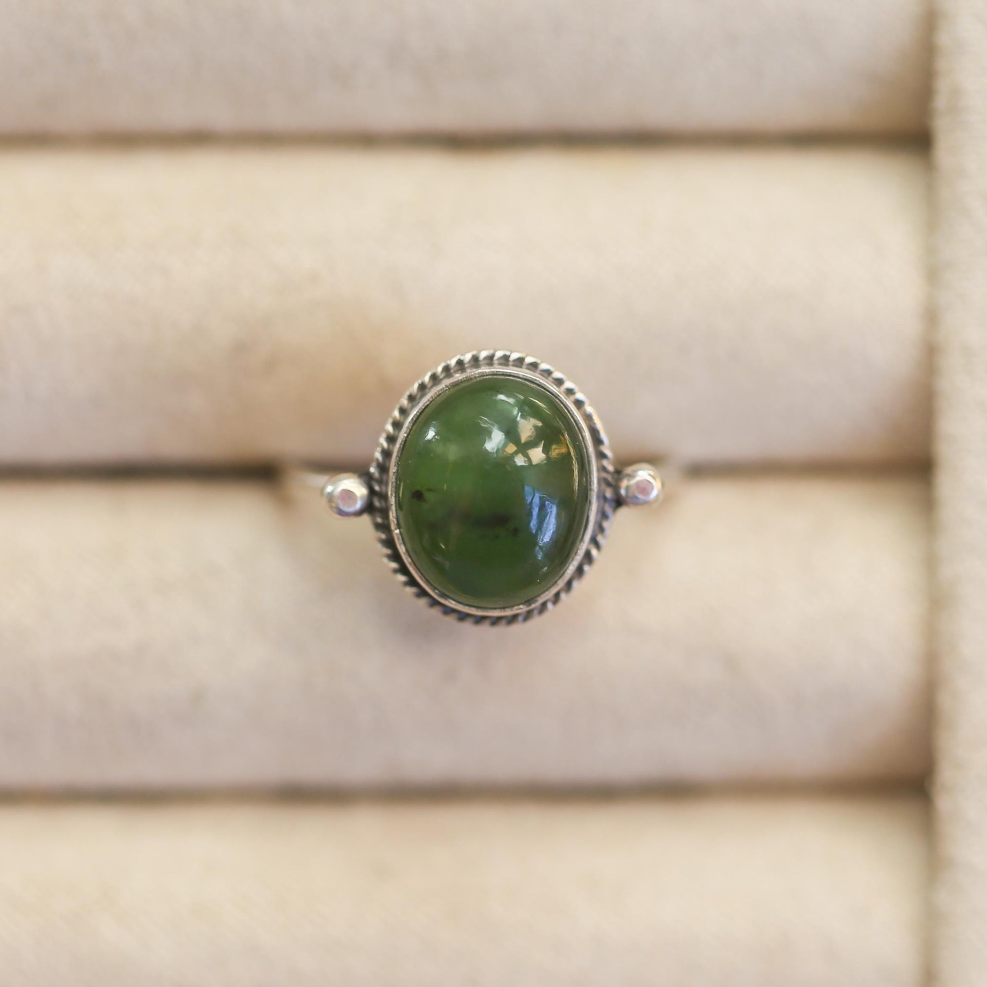 Green Nephrite Jade Ring - Delica Ring - Unique Silversmith Ring - .925 Sterling Silver