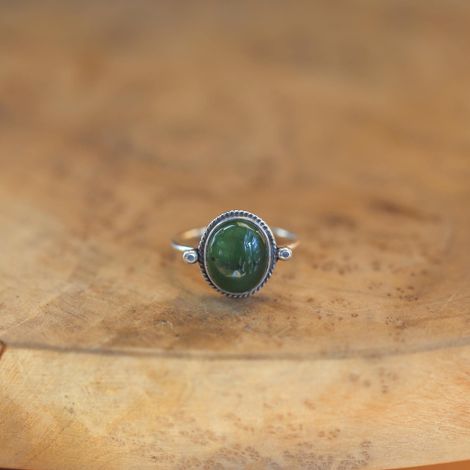 Green Nephrite Jade Ring - Delica Ring - Unique Silversmith Ring - .925 Sterling Silver