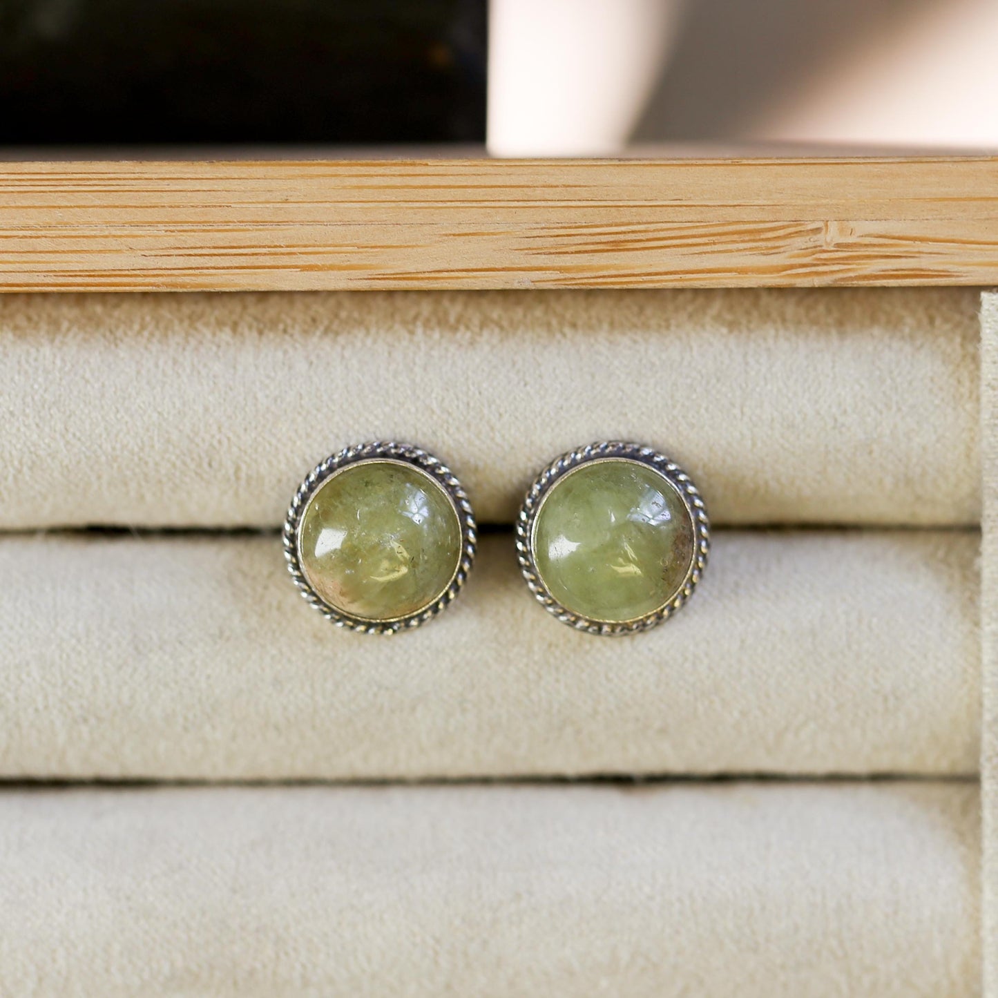 Green Garnet Earrings - Garnet Posts - .925 Sterling Silver - Silversmith