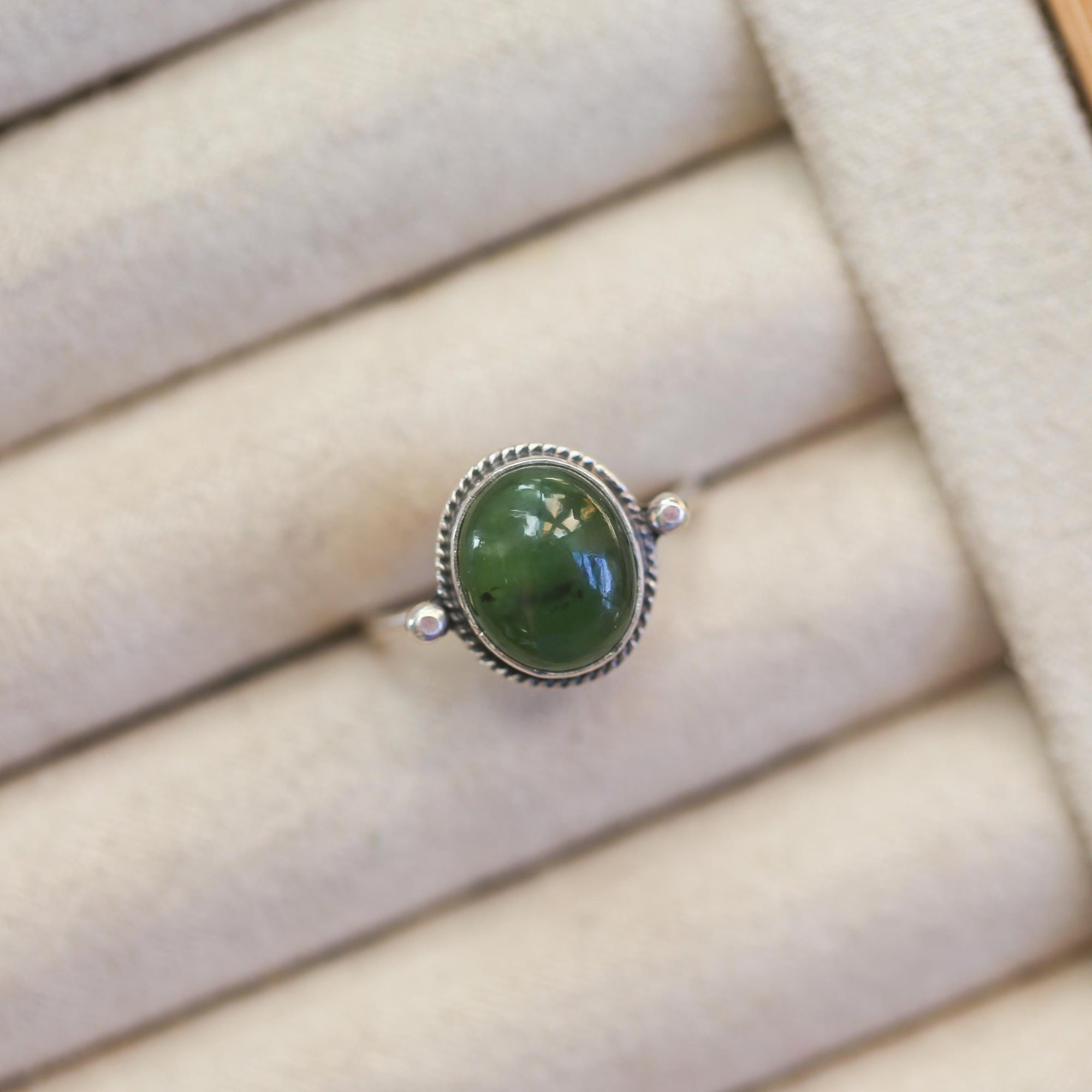 Green Nephrite Jade Ring - Delica Ring - Unique Silversmith Ring - .925 Sterling Silver