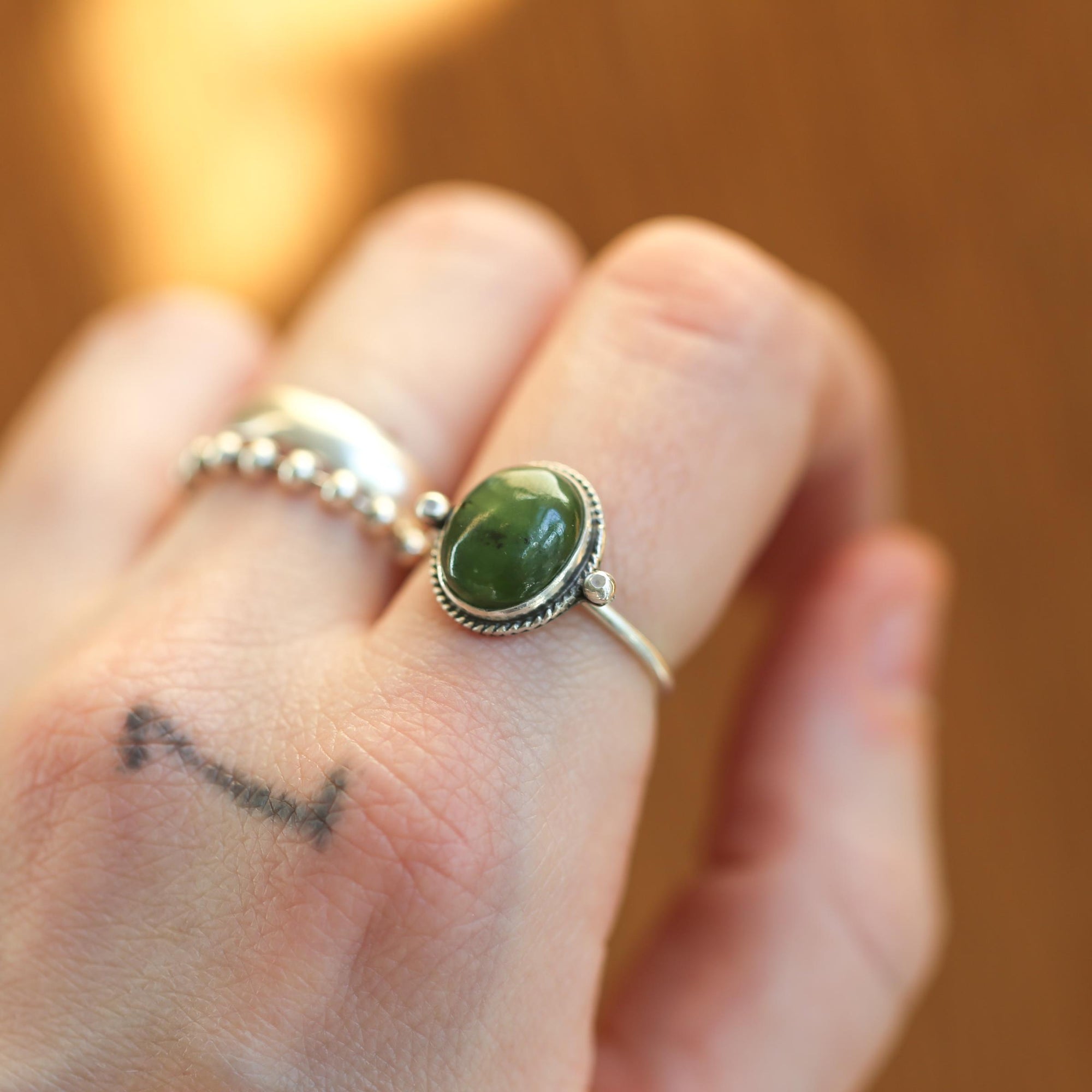 Green Nephrite Jade Ring - Delica Ring - Unique Silversmith Ring - .925 Sterling Silver
