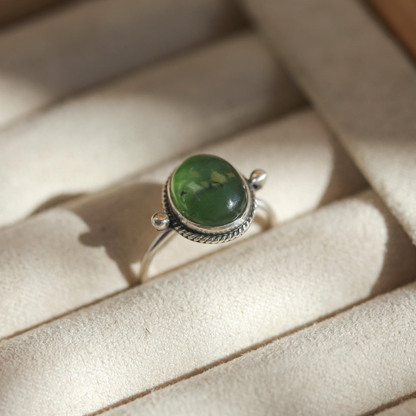 Green Nephrite Jade Ring - Delica Ring - Unique Silversmith Ring - .925 Sterling Silver