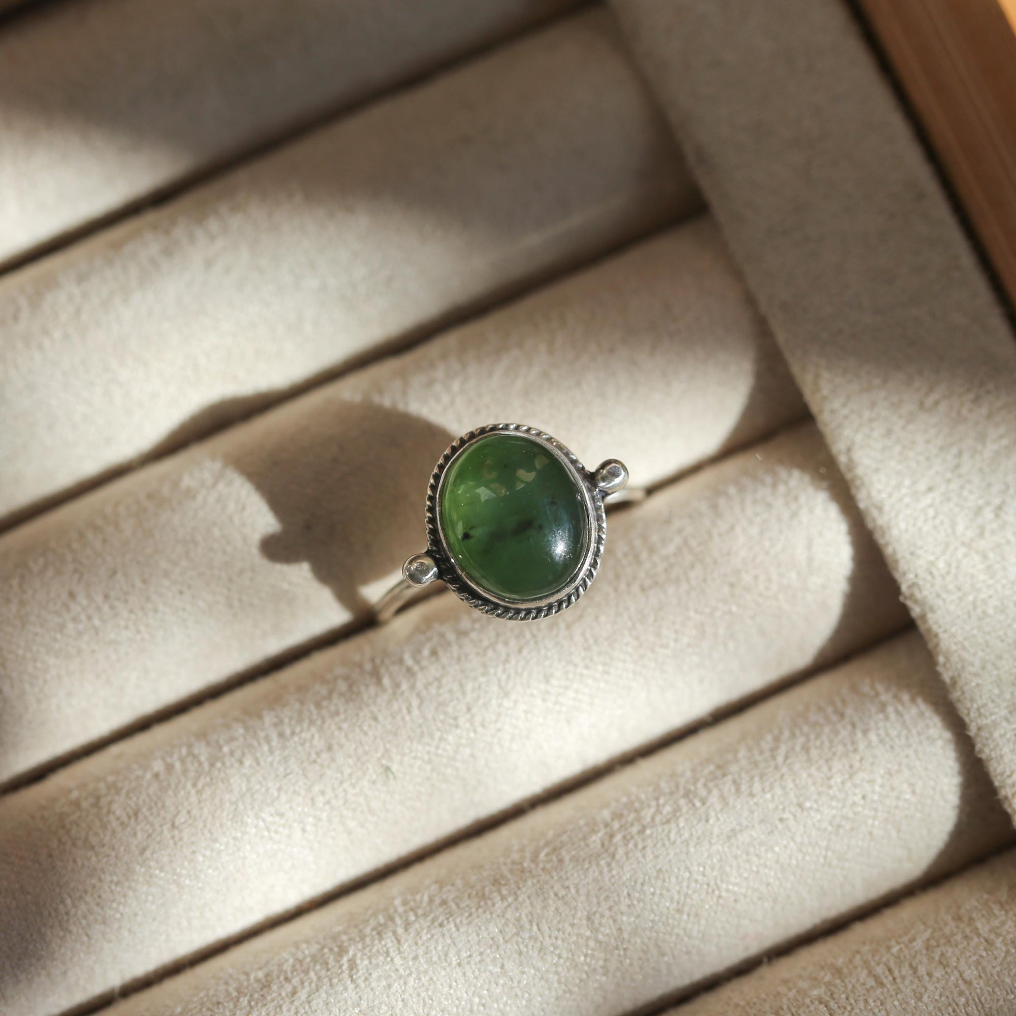 Green Nephrite Jade Ring - Delica Ring - Unique Silversmith Ring - .925 Sterling Silver