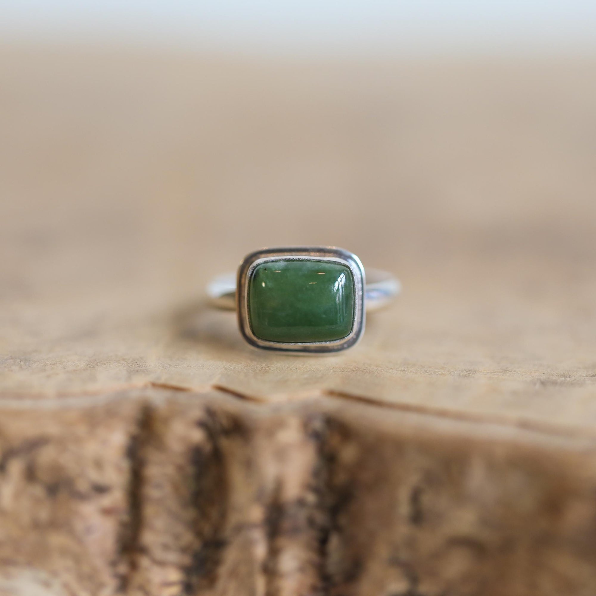 Green Nephrite Jade Ring - East West Nephrite Jade Ring -.925 Sterling Silver