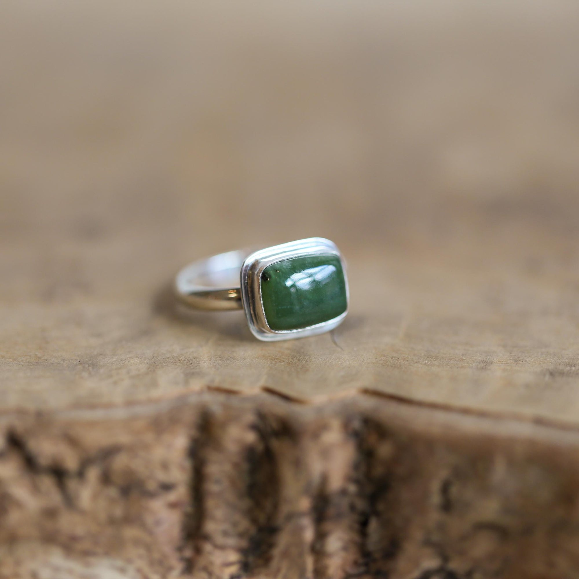 Green Nephrite Jade Ring - East West Nephrite Jade Ring -.925 Sterling Silver
