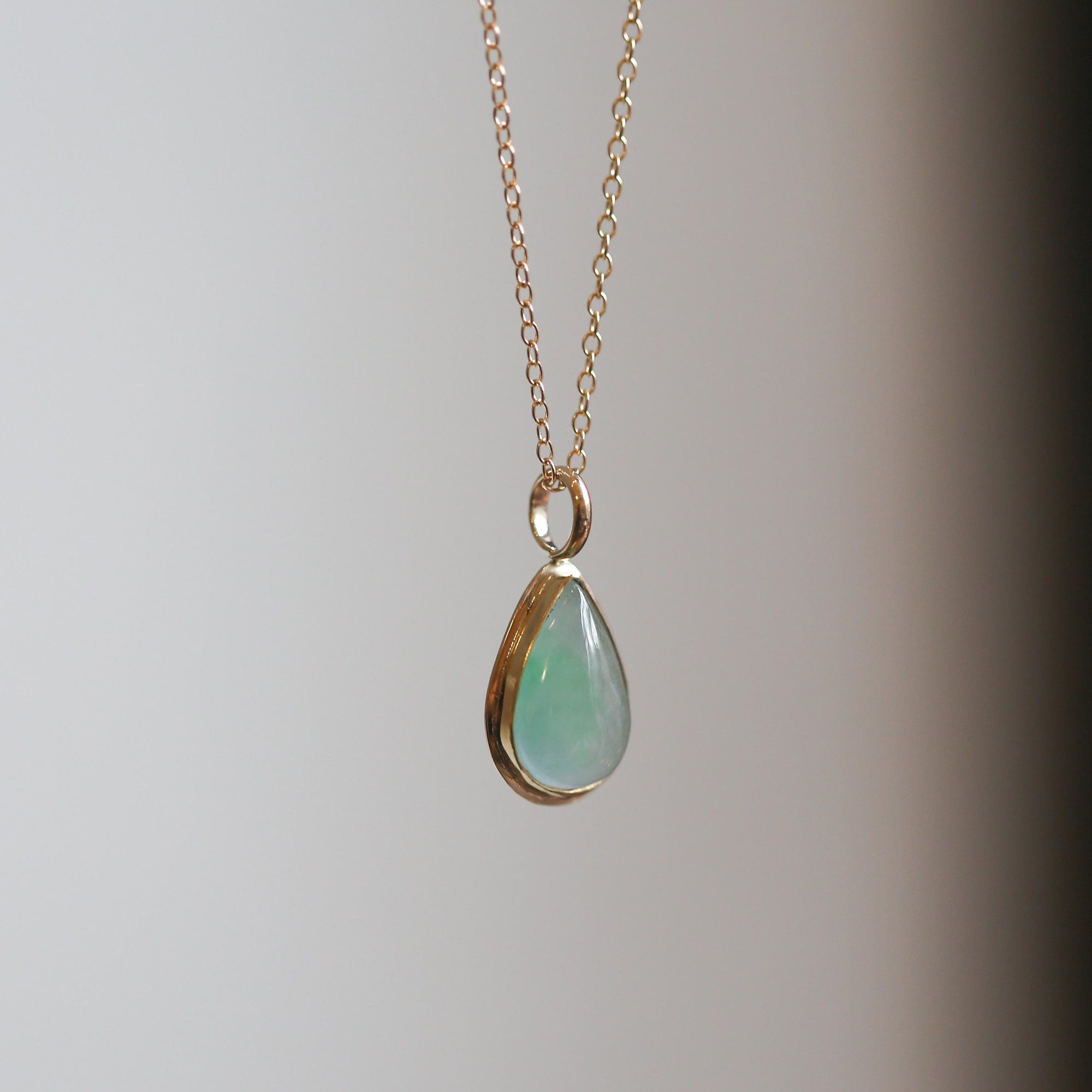 Green Jade Teardrop Pendant - Burma Jade Sold Gold Charm - 18K and 14K Gold