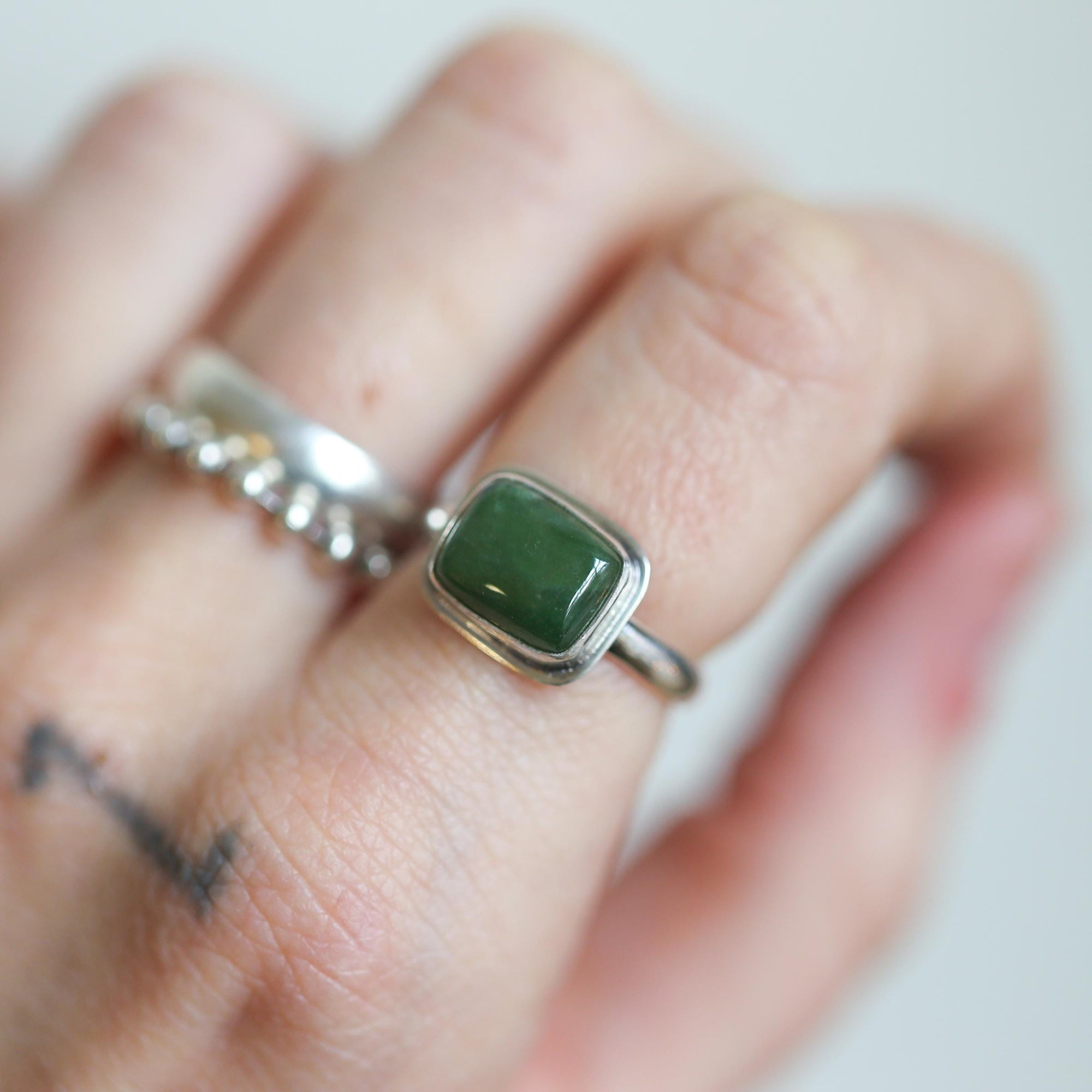 Green Nephrite Jade Ring - East West Nephrite Jade Ring -.925 Sterling Silver