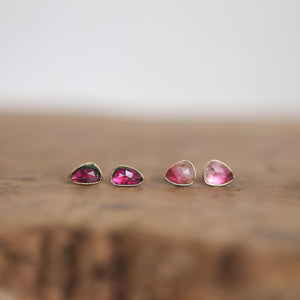 Watermelon Tourmaline Earrings - 18K Gold Bezel Tourmaline Posts - Gold Tourmaline Studs