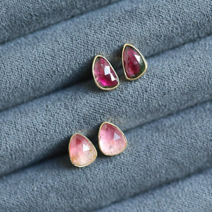 Watermelon Tourmaline Earrings - 18K Gold Bezel Tourmaline Posts - Gold Tourmaline Studs