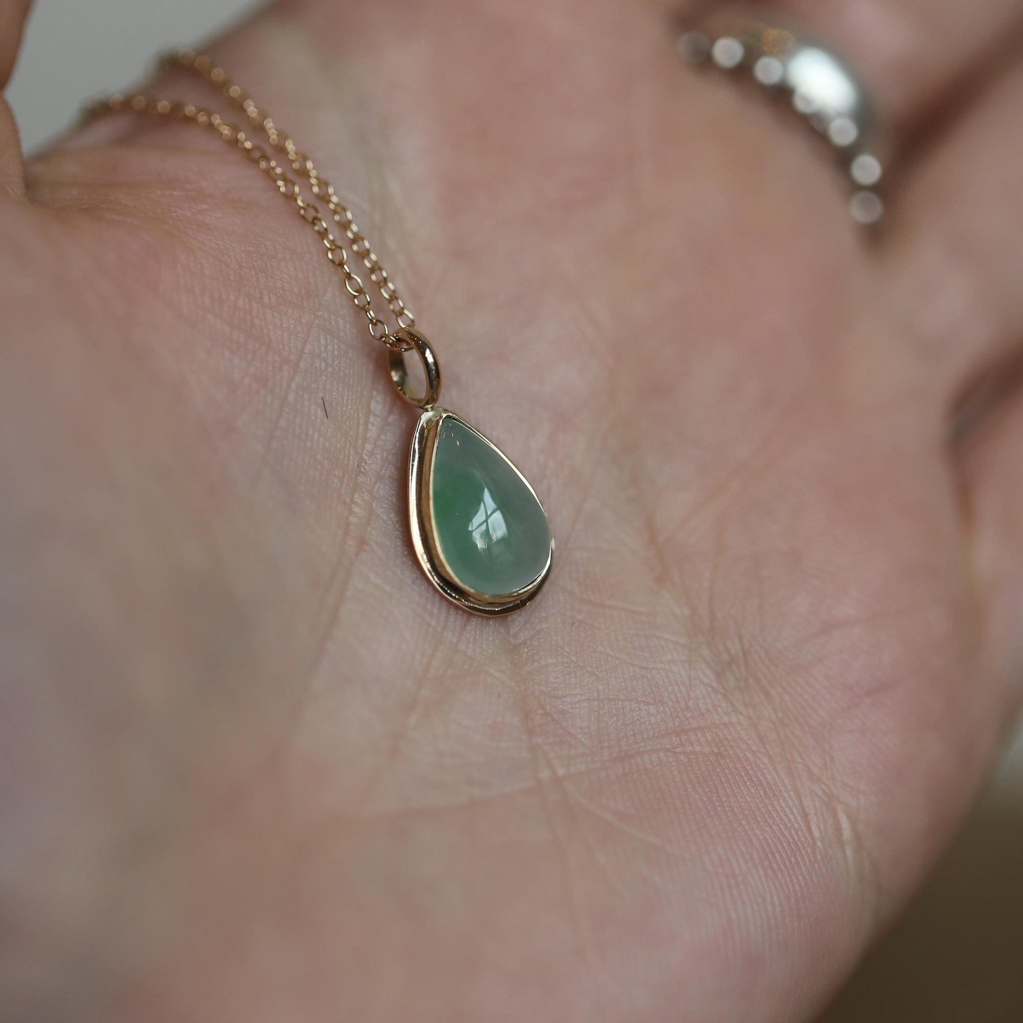 Green Jade Teardrop Pendant - Burma Jade Sold Gold Charm - 18K and 14K Gold