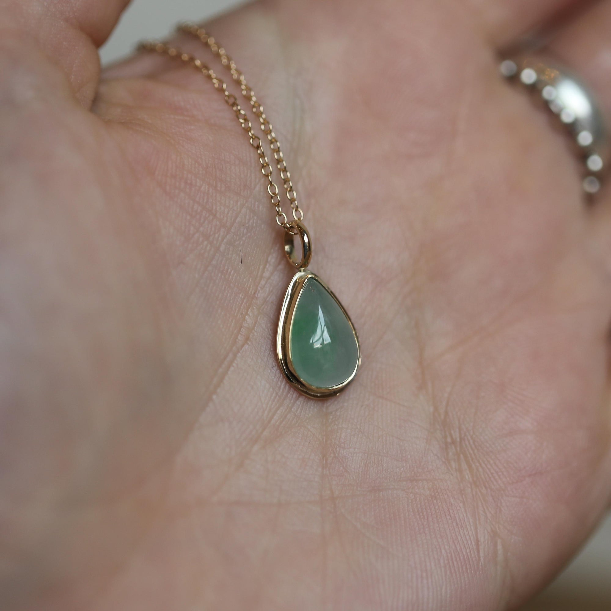 Green Jade Teardrop Pendant - Burma Jade Sold Gold Charm - 18K and 14K Gold