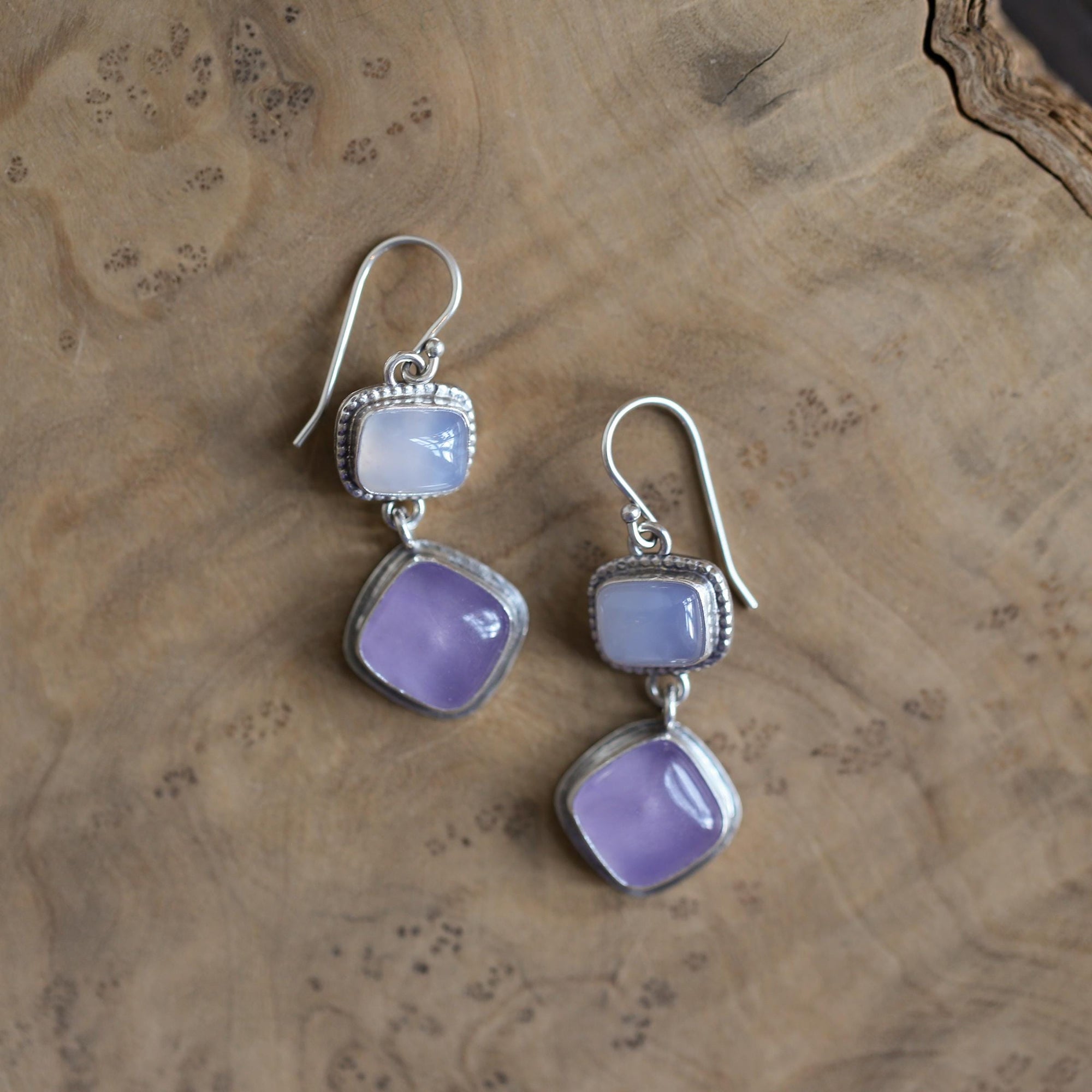 Purple Chalcedony Drop Earrings - Purple and Blue Chalcedony Earrings - Sterling Silver