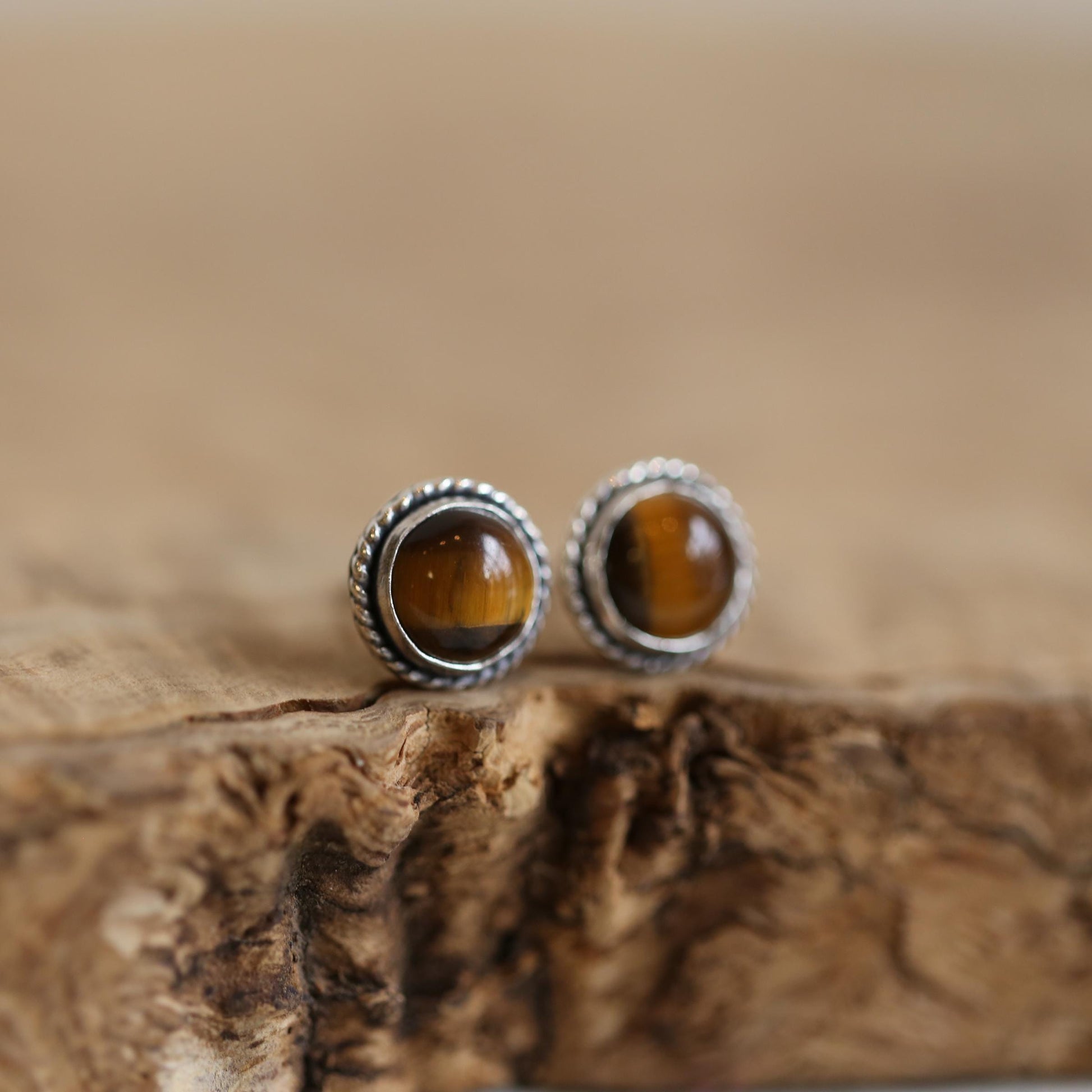 Tiger's Eye Sterling Silver Post Earrings - Traditional Twist Design