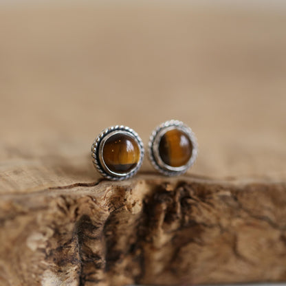 Tiger's Eye Sterling Silver Post Earrings - Traditional Twist Design