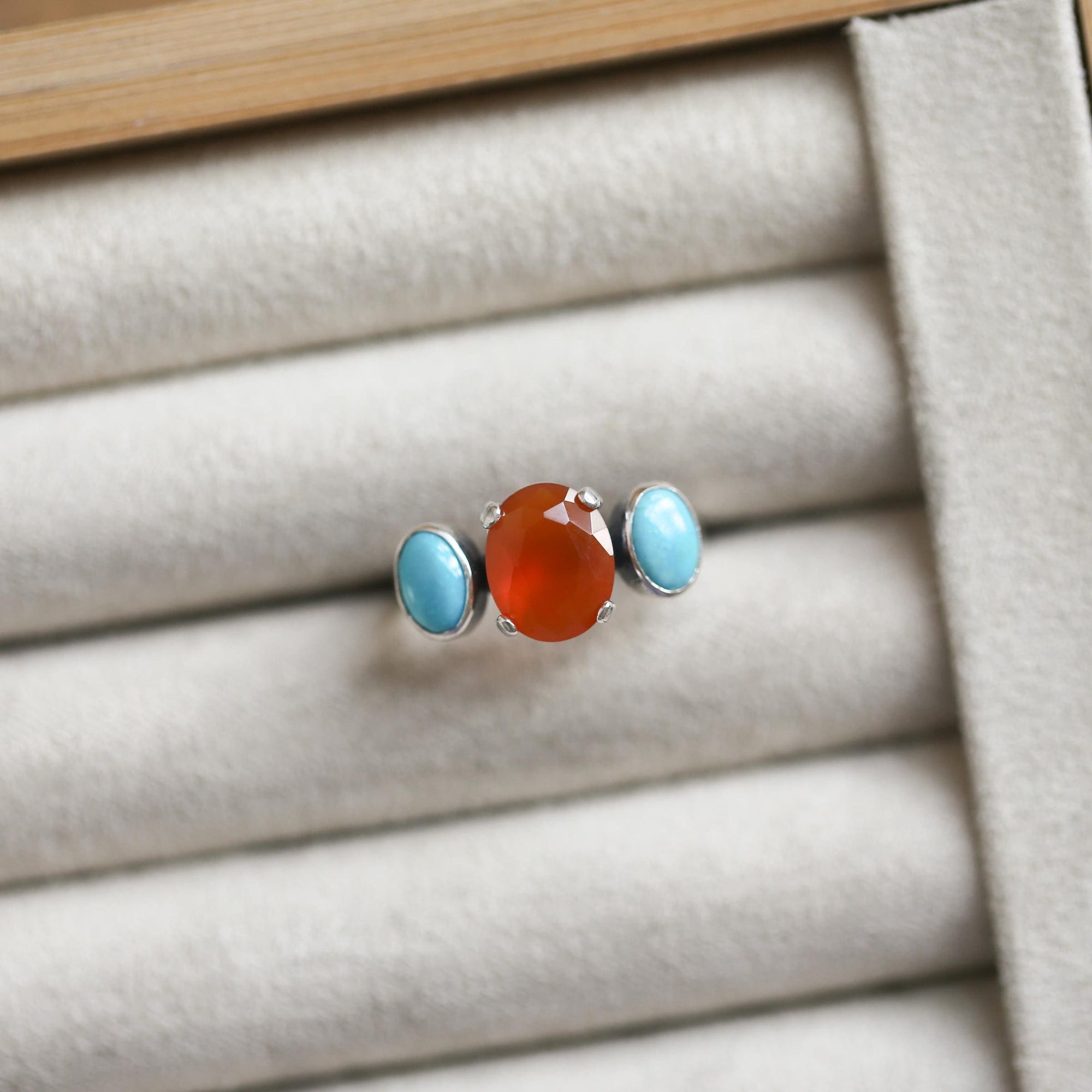 Tri-Stone Ring - Orange Carnelian Ring - Turquoise Ring - Turquoise and Carnelian Stacker Ring
