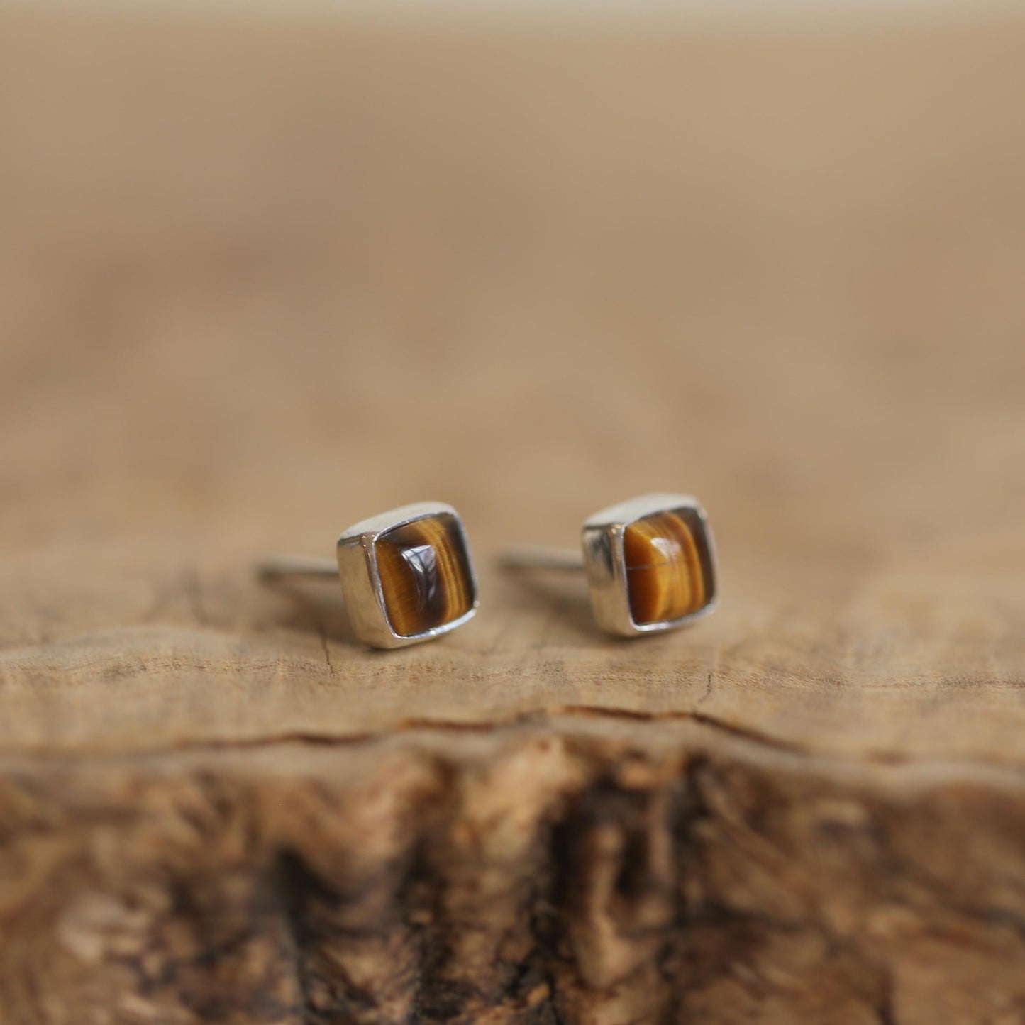 Sterling Silver Tigers Eye Studs – Minimalist Square Earrings