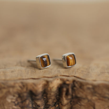 Sterling Silver Tigers Eye Studs – Minimalist Square Earrings