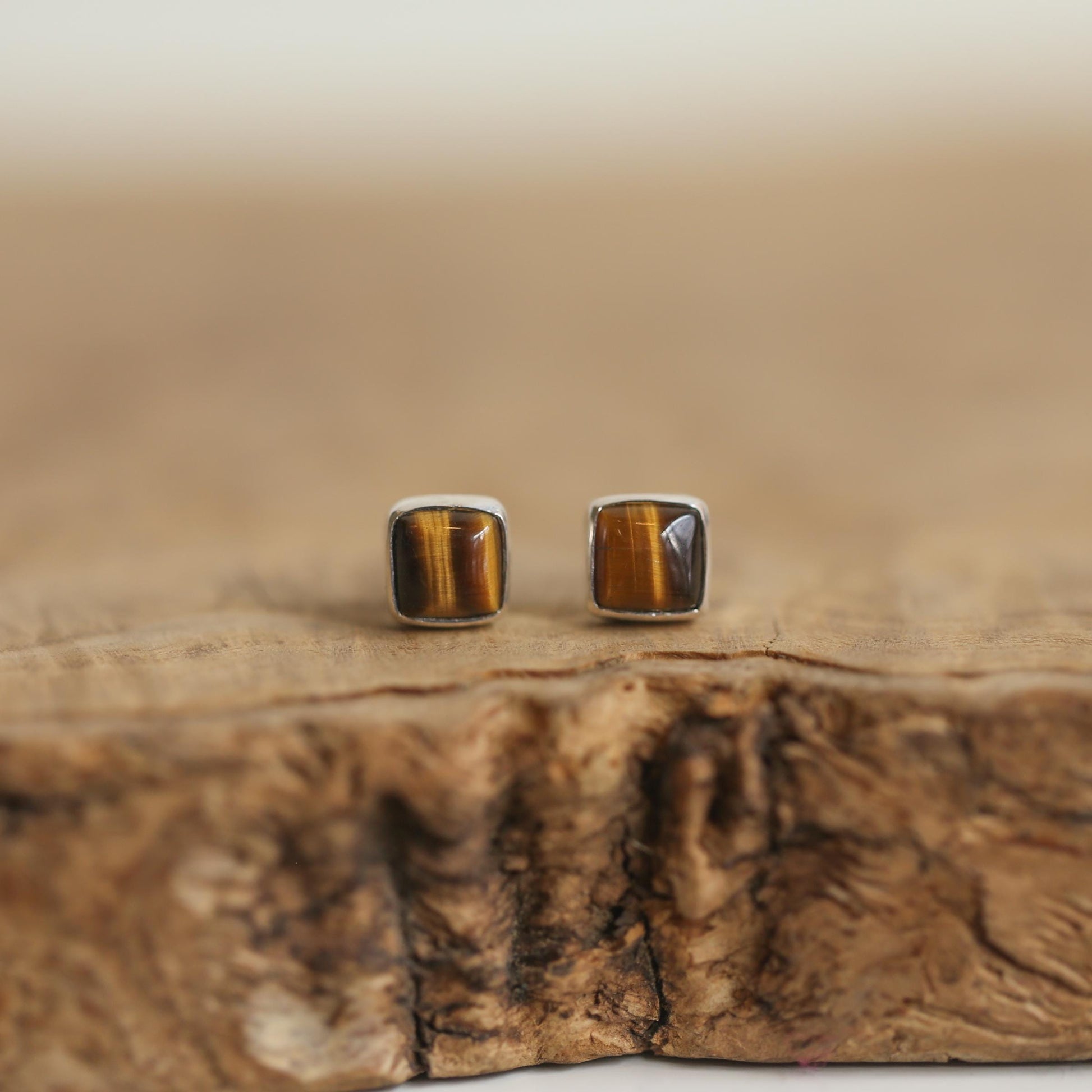 Sterling Silver Tigers Eye Studs – Minimalist Square Earrings
