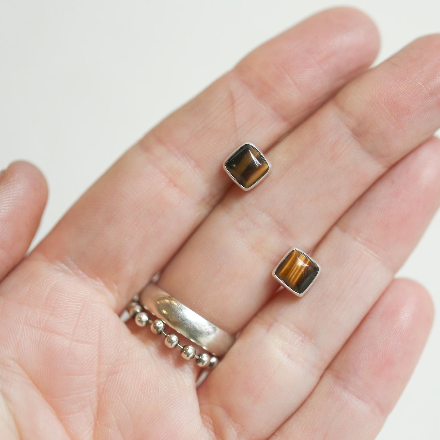 Sterling Silver Tigers Eye Studs – Minimalist Square Earrings