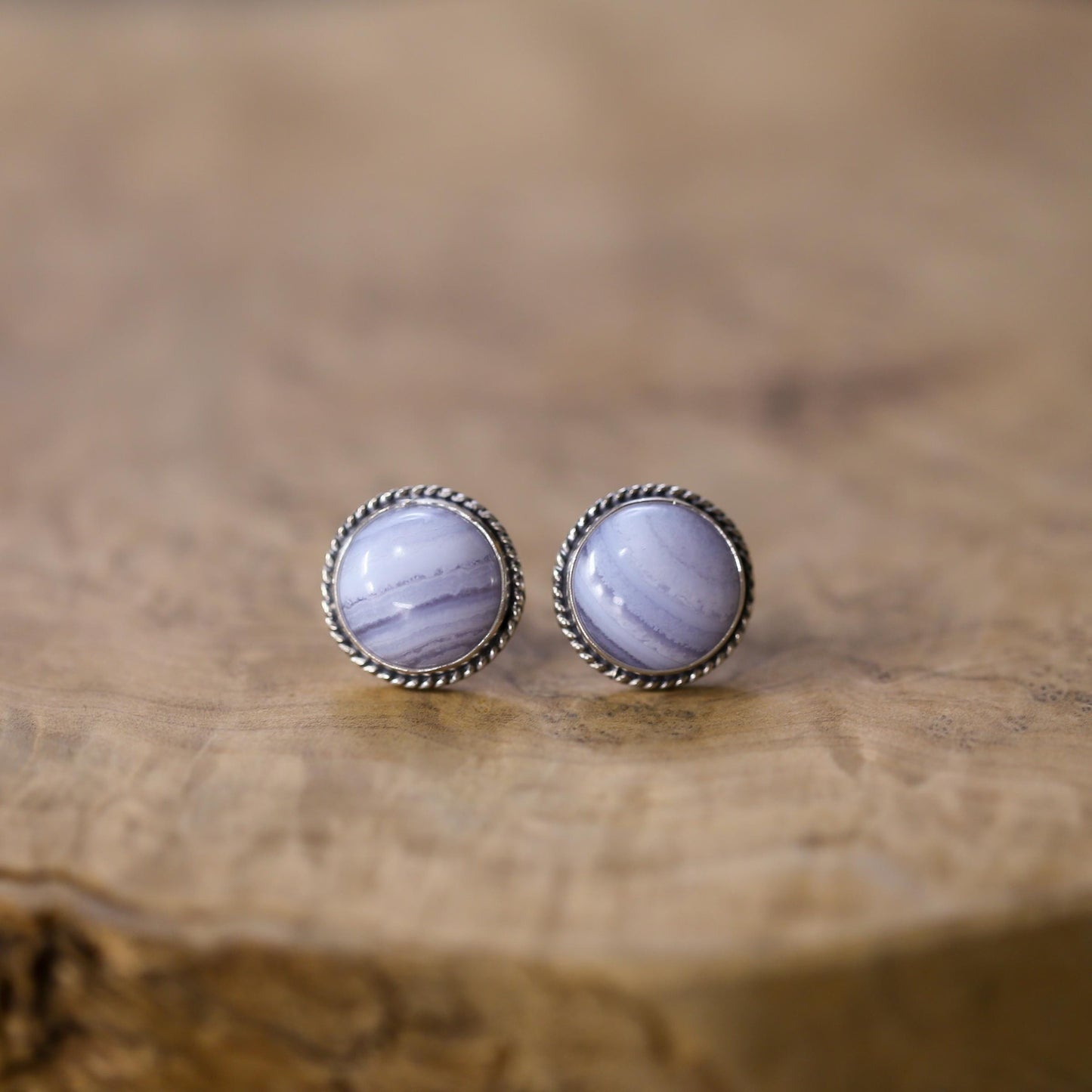Blue Lace Agate Sterling Silver Stud Earrings - Handmade Silversmith Jewelry