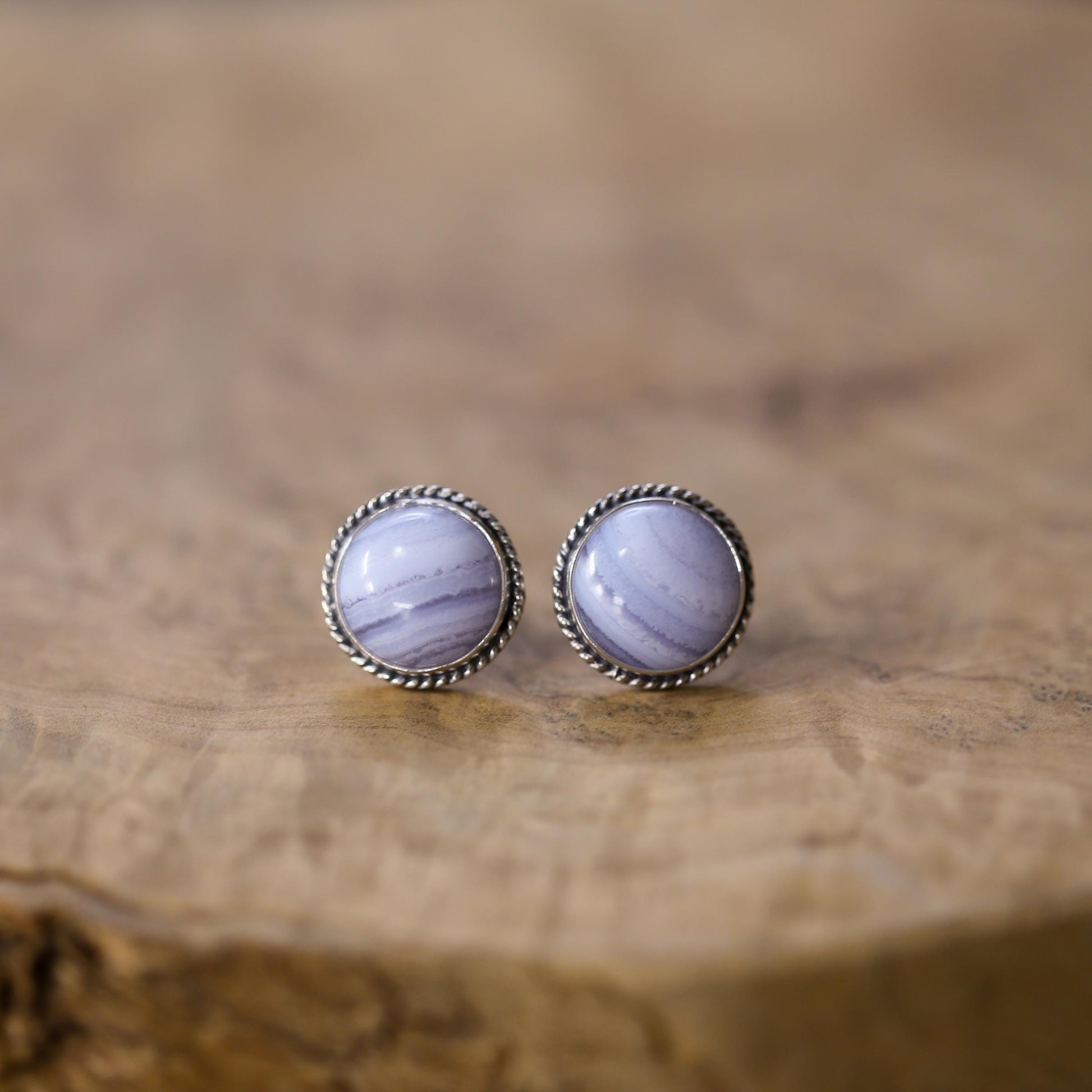 Blue Lace Agate Sterling Silver Stud Earrings - Handmade Silversmith Jewelry