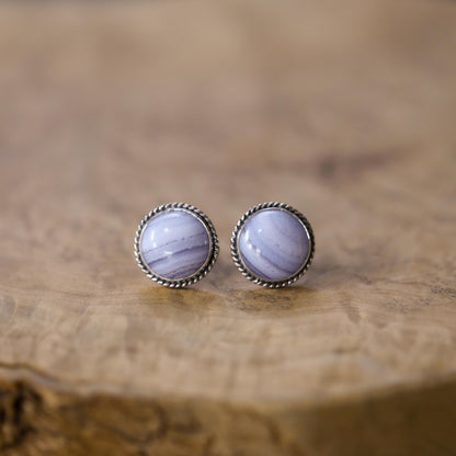 Blue Lace Agate Sterling Silver Stud Earrings - Handmade Silversmith Jewelry