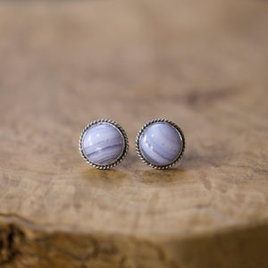 Blue Lace Agate Sterling Silver Stud Earrings - Handmade Silversmith Jewelry