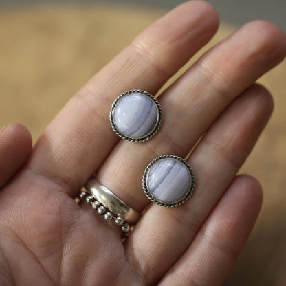 Blue Lace Agate Sterling Silver Stud Earrings - Handmade Silversmith Jewelry