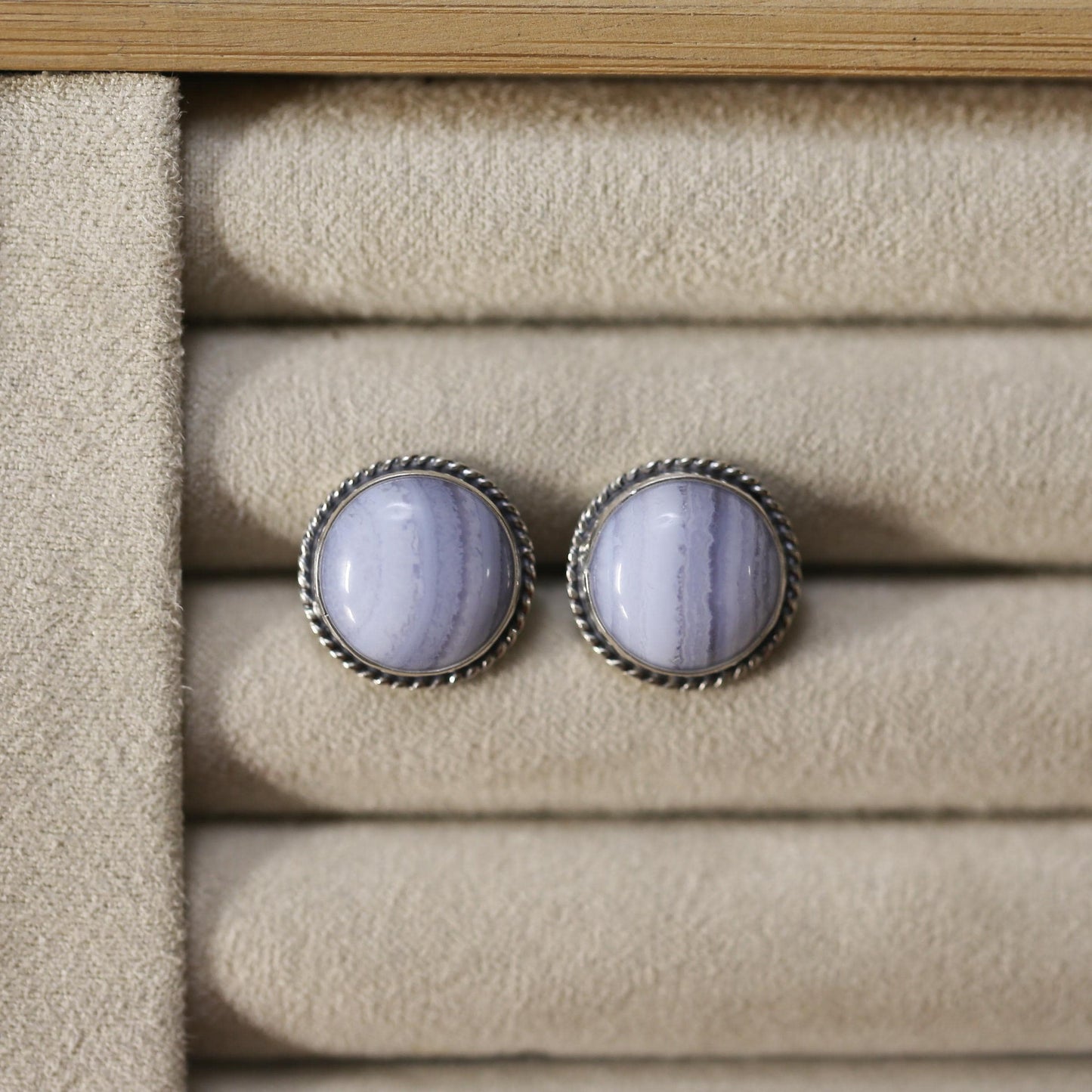 Blue Lace Agate Sterling Silver Stud Earrings - Handmade Silversmith Jewelry