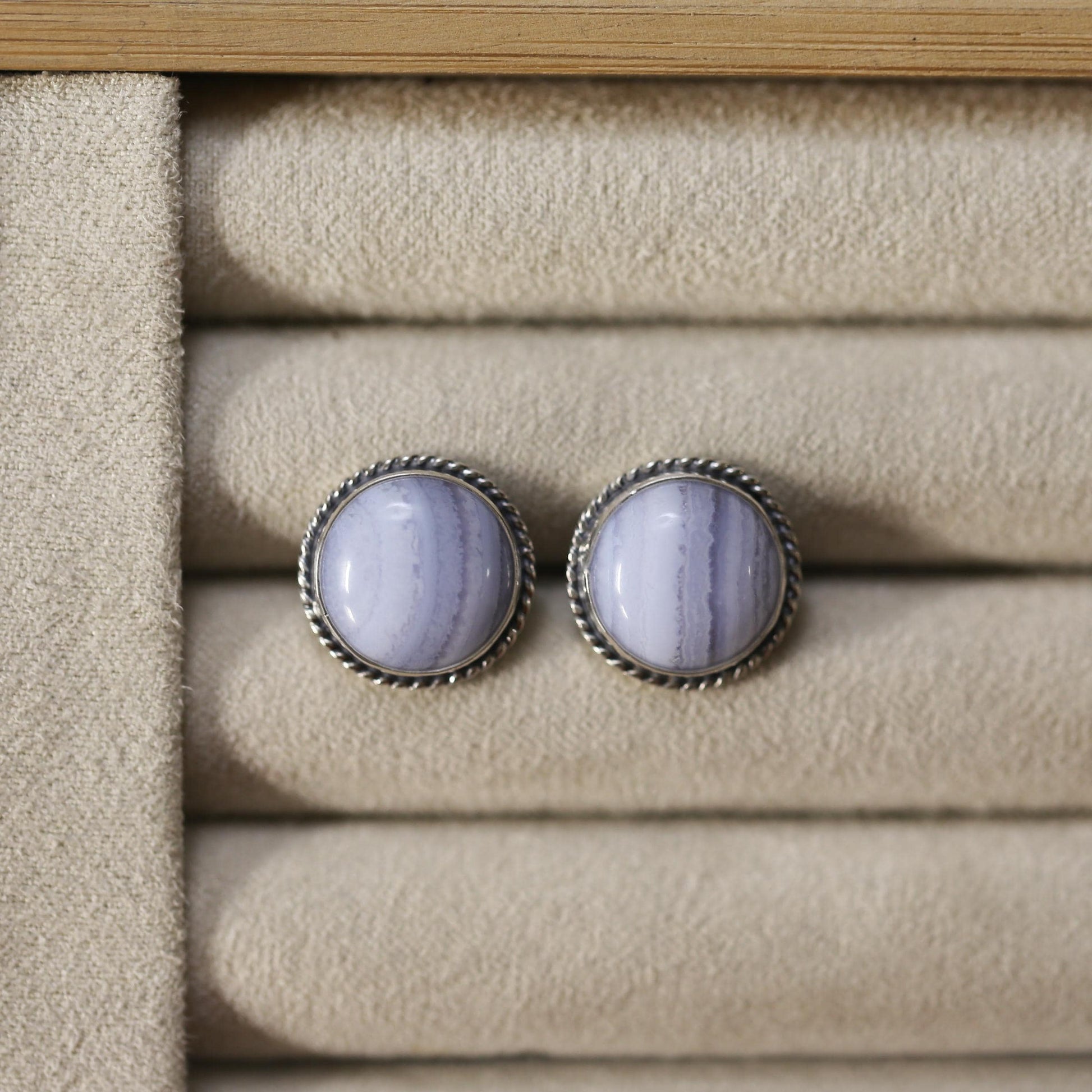 Blue Lace Agate Sterling Silver Stud Earrings - Handmade Silversmith Jewelry
